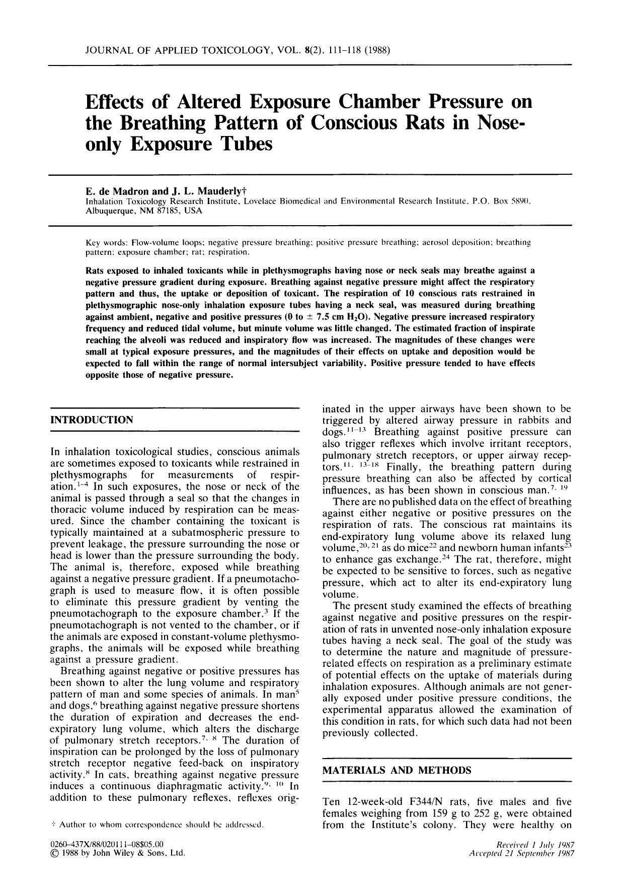 Effects of altered exposure chamber pressure on the breathing pattern of conscious rats in nose-only exposure tubes by Unknown