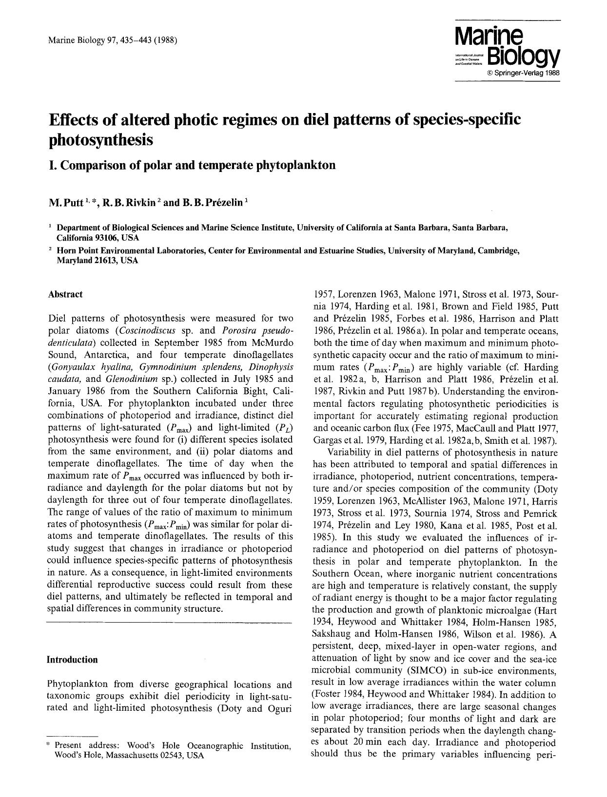 Effects of altered photic regimes on diel patterns of species-specific photosynthesis by Unknown