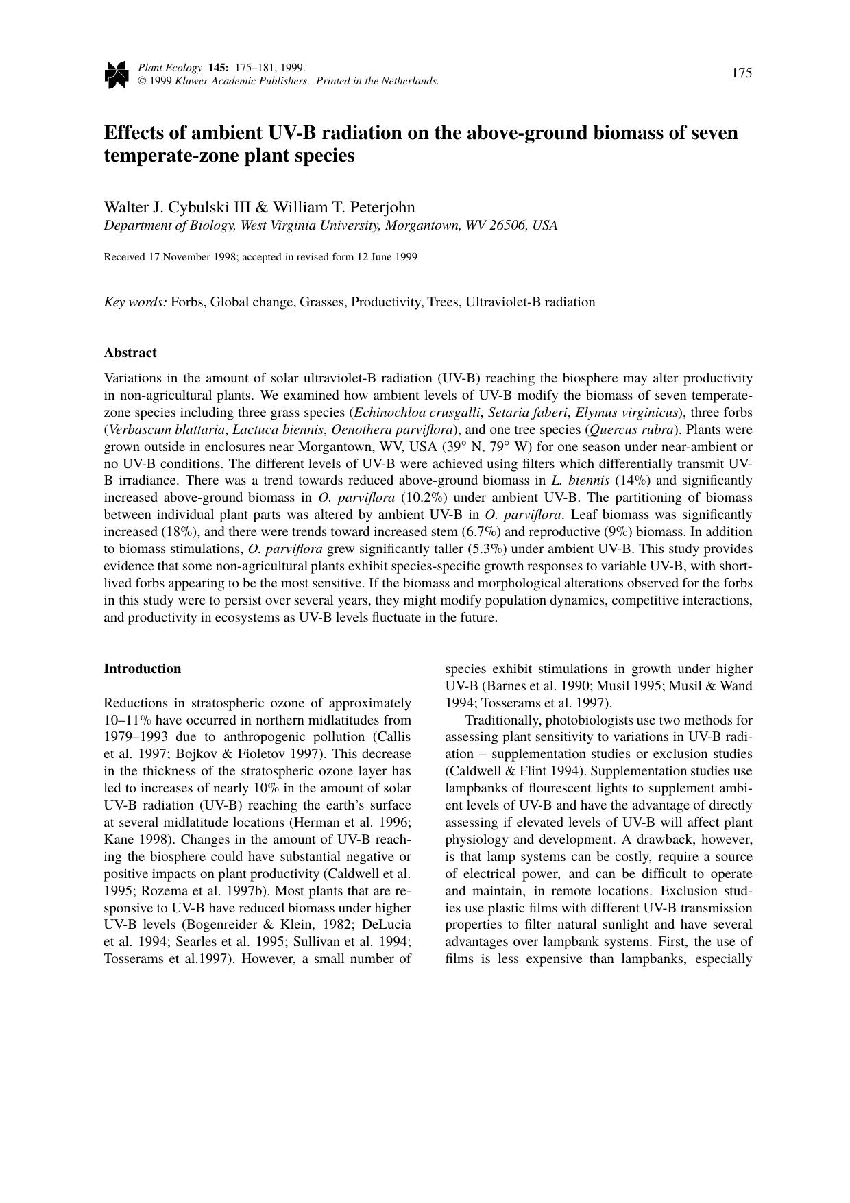 Effects of ambient UV-B radiation on the above-ground biomass of seven temperate-zone plant species by Unknown