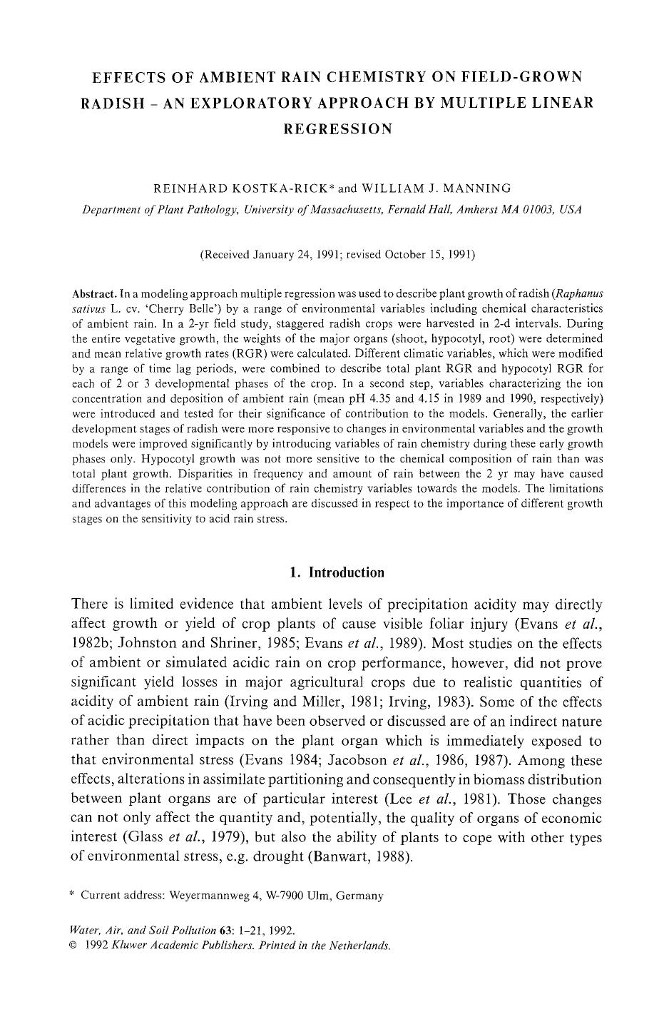 Effects of ambient rain chemistry on field-grown radish — An exploratory approach by multiple linear regression by Unknown