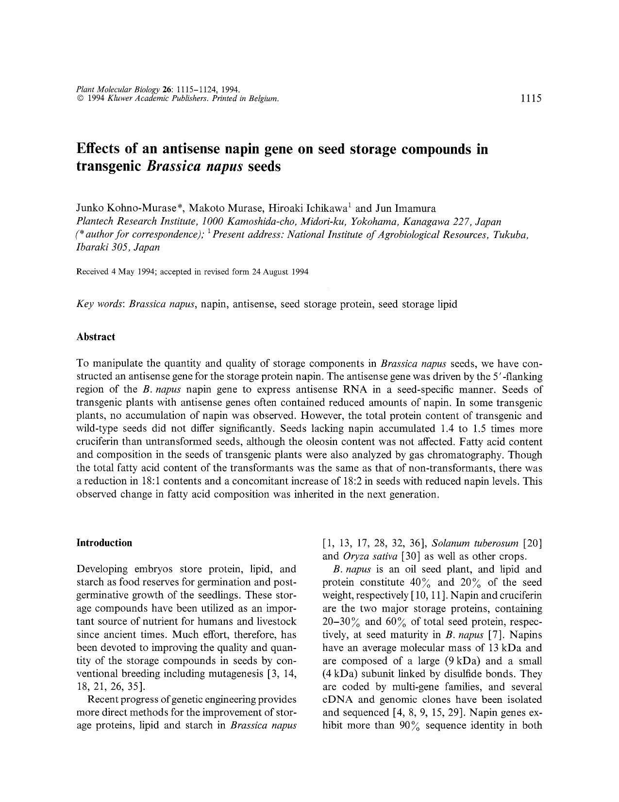 Effects of an antisense napin gene on seed storage compounds in transgenic <Emphasis Type="Italic">Brassica napus<Emphasis> seeds by Unknown