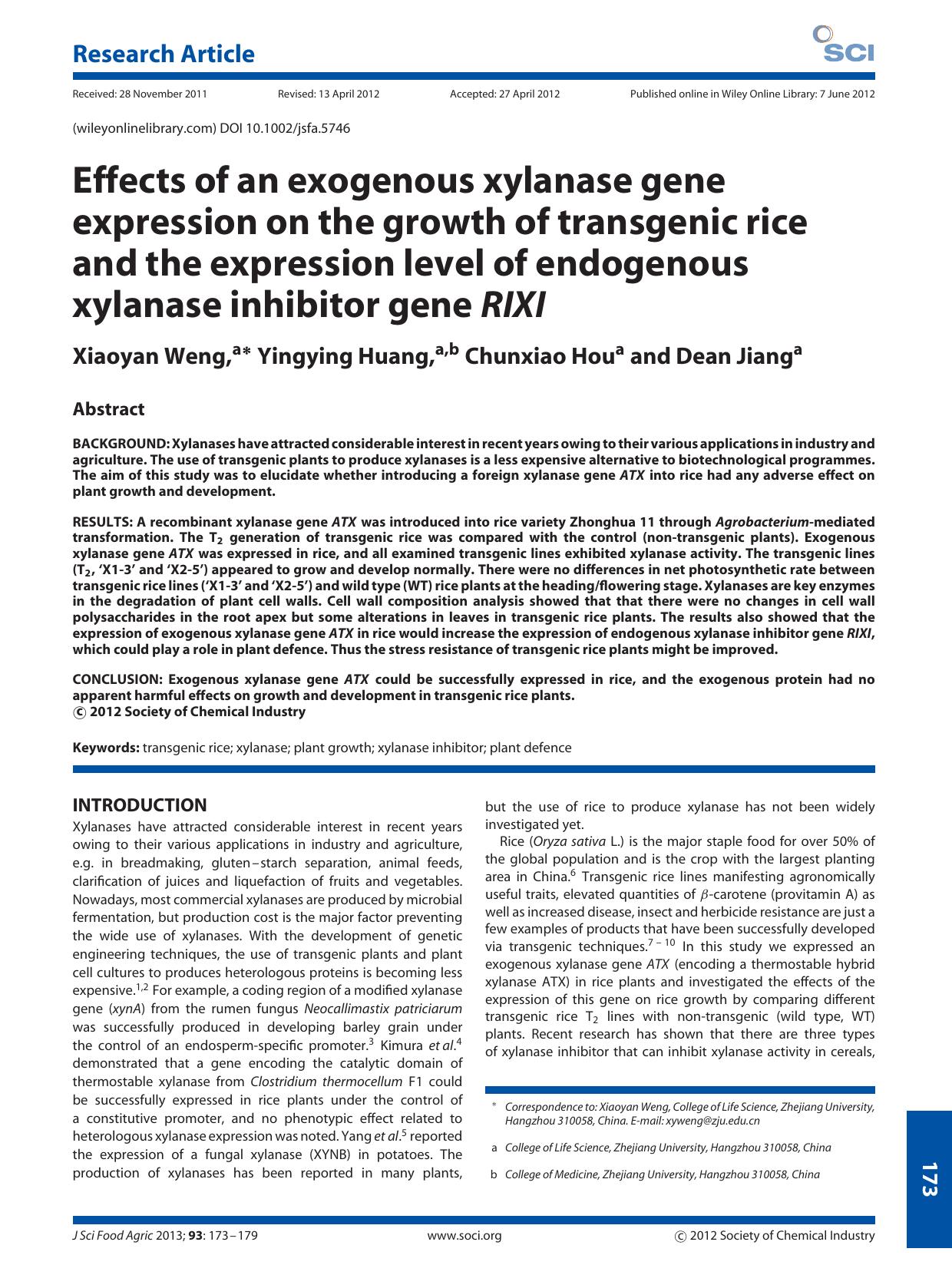 Effects of an exogenous xylanase gene expression on the growth of transgenic rice and the expression level of endogenous xylanase inhibitor gene RIXI by Unknown