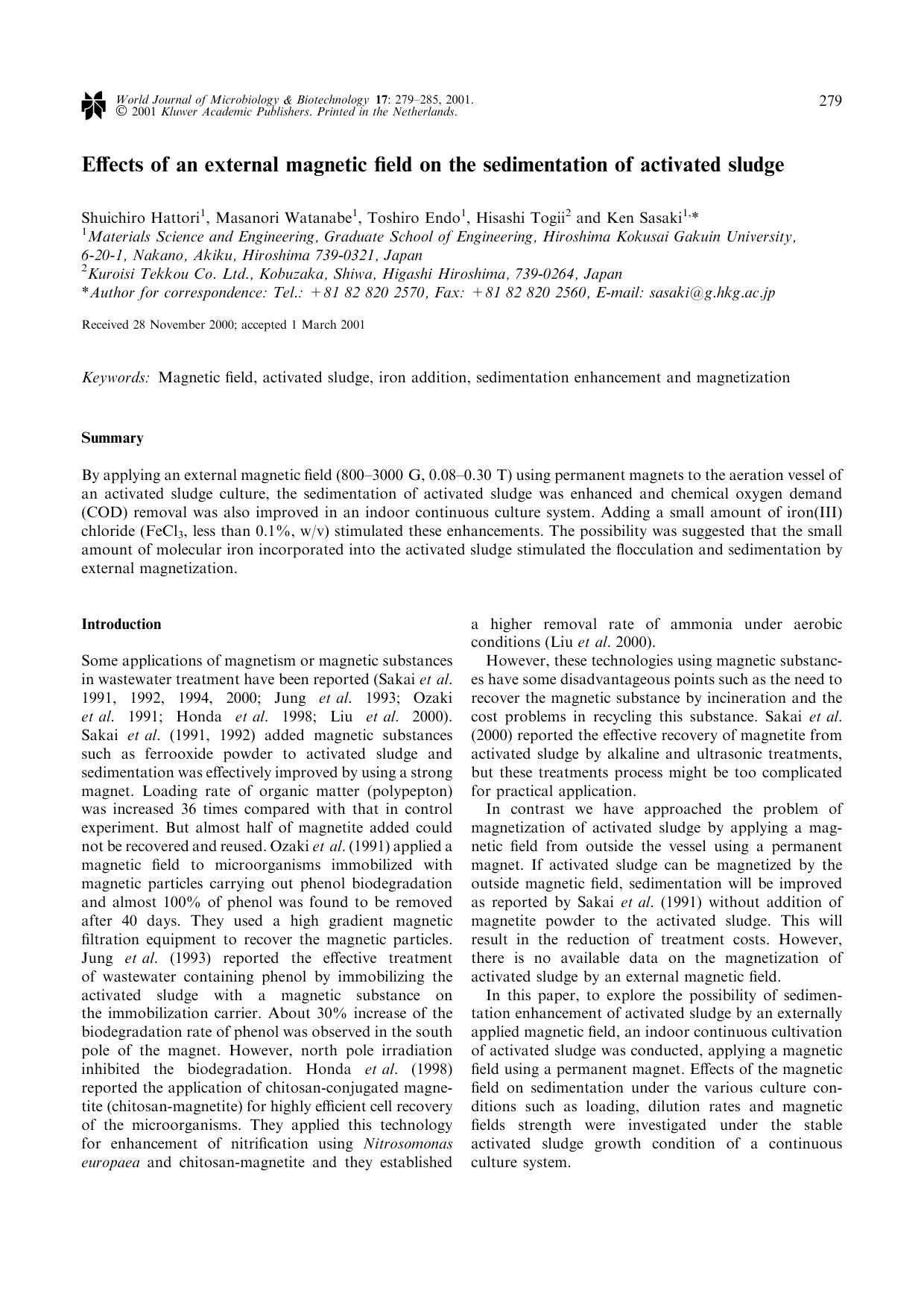 Effects of an external magnetic field on the sedimentation of activated sludge by Unknown