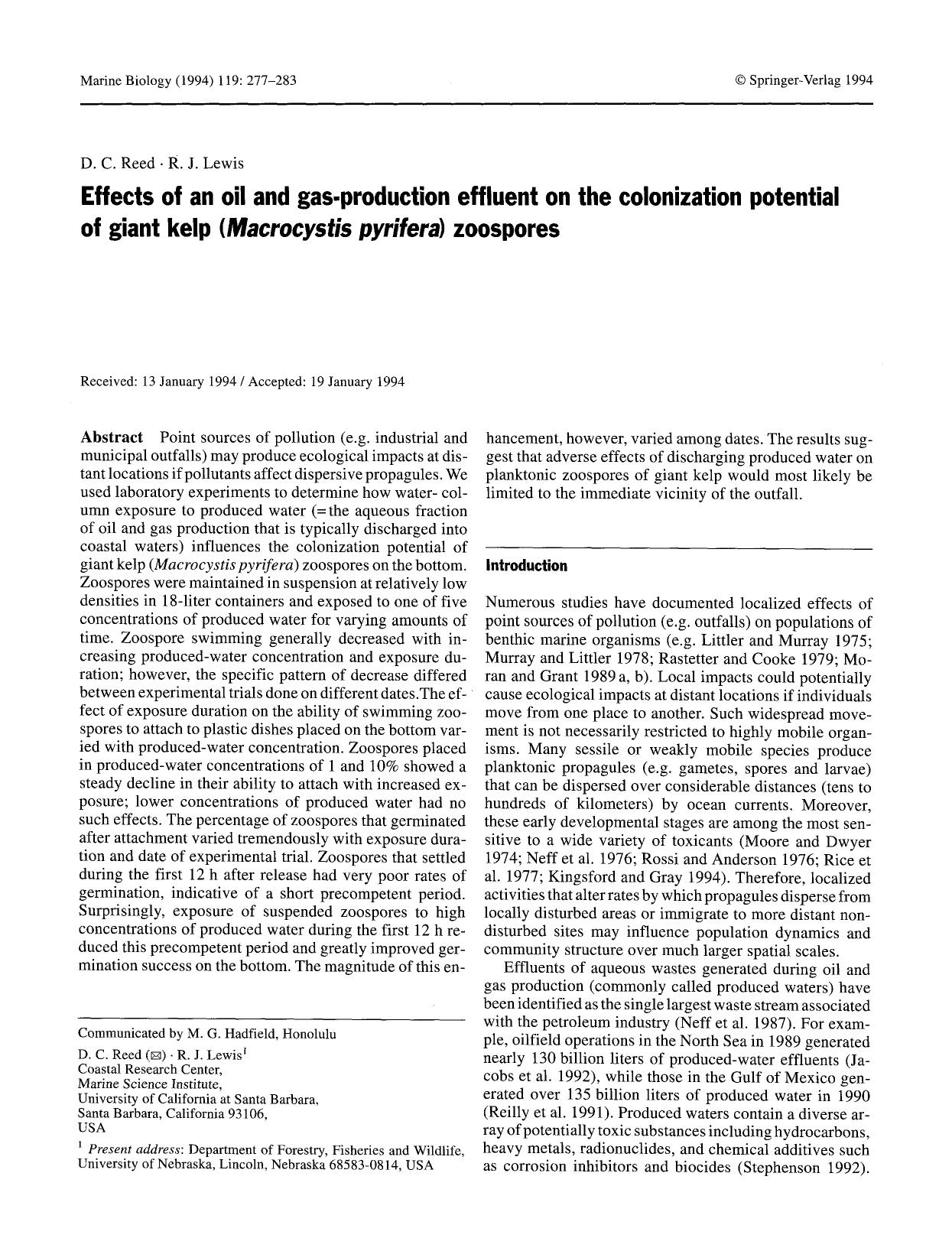 Effects of an oil and gas-production effluent on the colonization potential of giant kelp (<Emphasis Type="Italic">Macrocystis pyrifera<Emphasis>) zoospores by Unknown