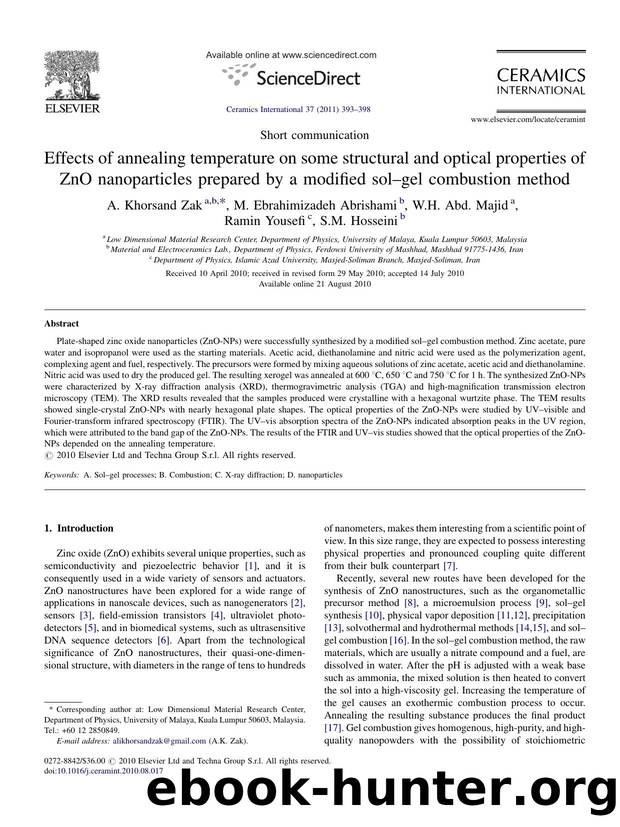 Effects of annealing temperature on some structural and optical properties of ZnO nanoparticles prepared by a modified solÃ¢â¬âgel combustion method by A. Khorsand Zak