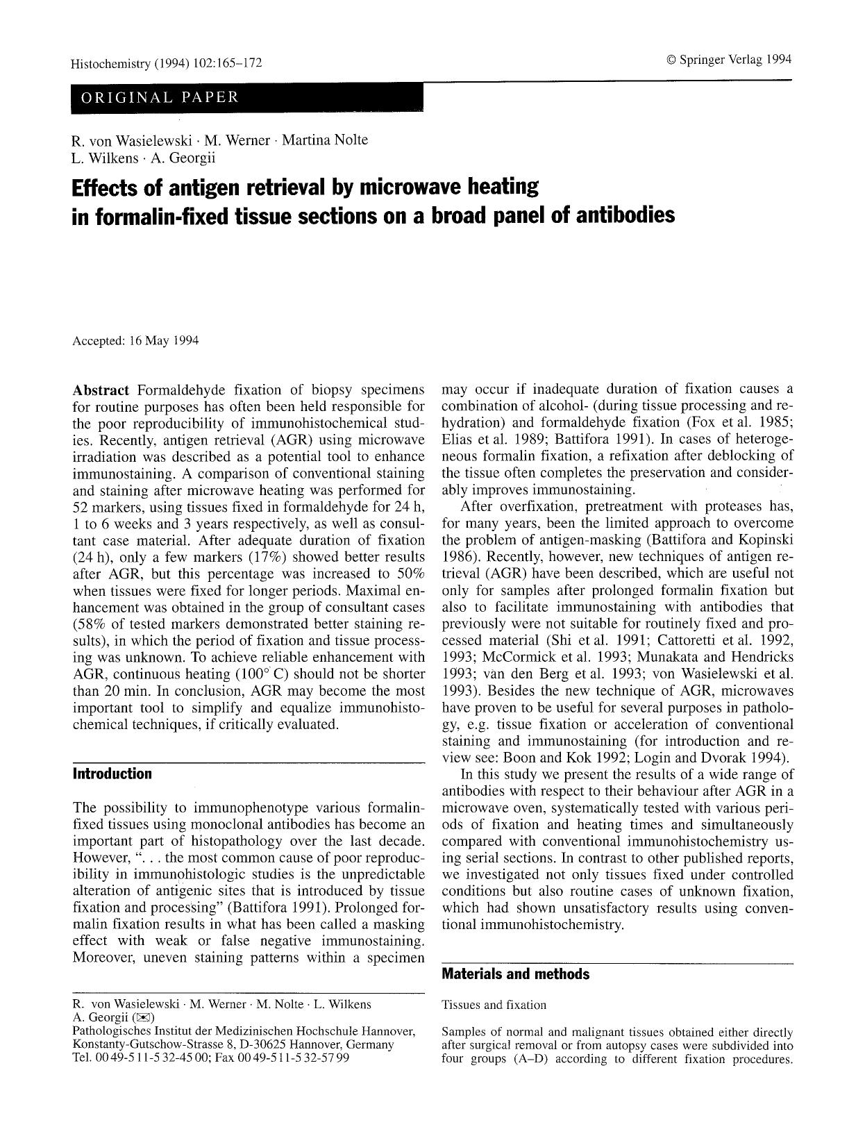 Effects of antigen retrieval by microwave heating in formalin-fixed tissue sections on a broad panel of antibodies by Unknown