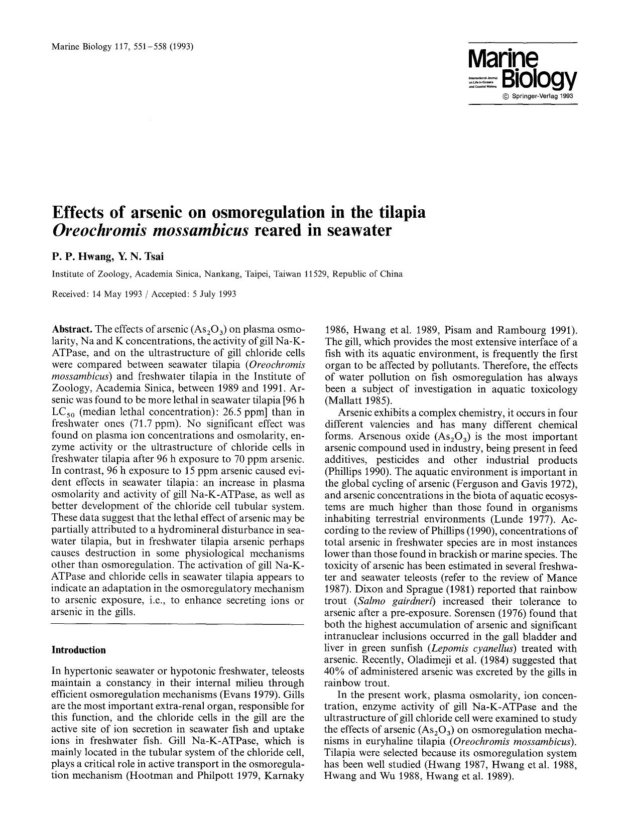 Effects of arsenic on osmoregulation in the tilapia <Emphasis Type="Italic">Oreochromis mossambicus<Emphasis> reared in seawater by Unknown