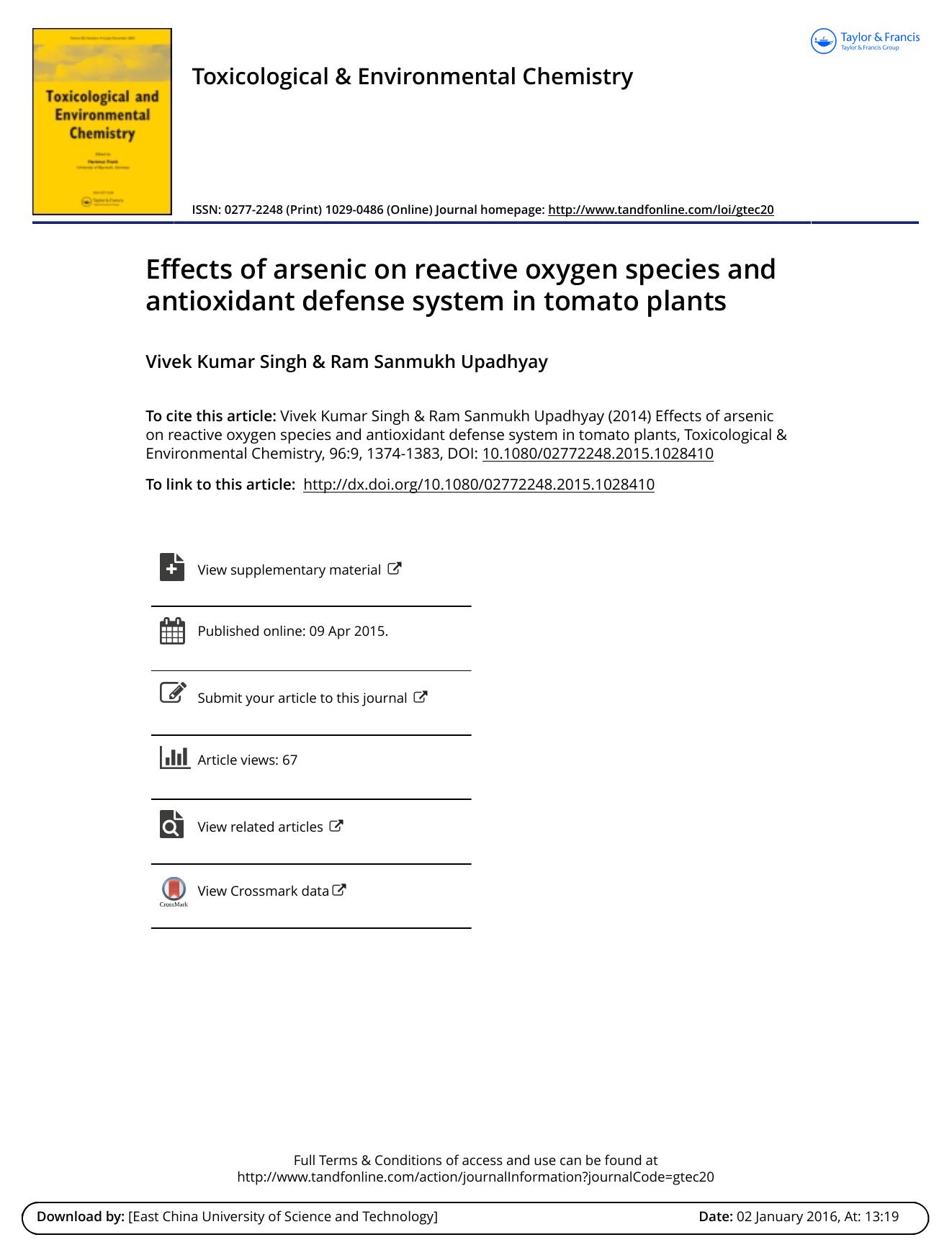 Effects of arsenic on reactive oxygen species and antioxidant defense system in tomato plants by Vivek Kumar Singh