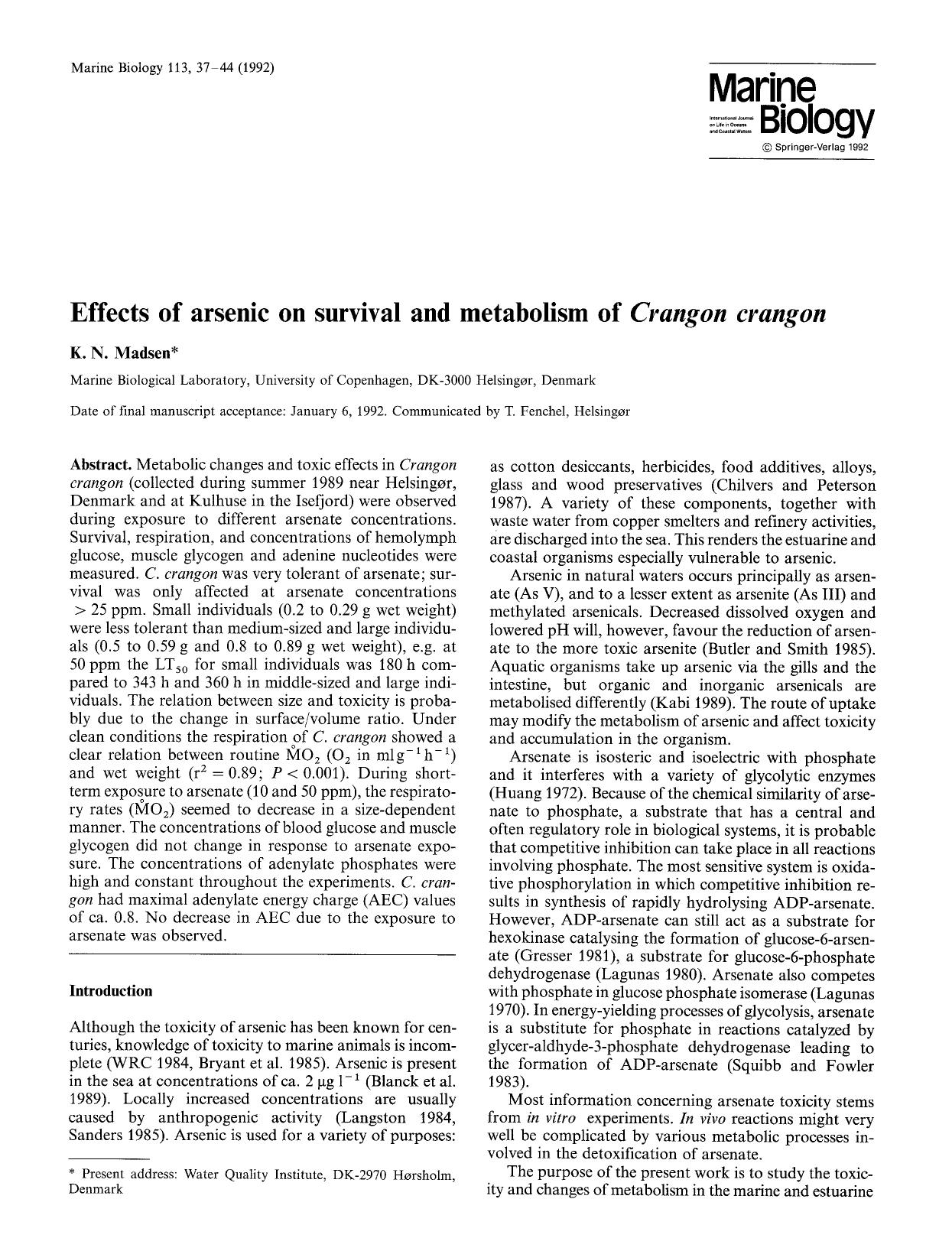 Effects of arsenic on survival and metabolism of <Emphasis Type="Italic">Crangon crangon<Emphasis> by Unknown