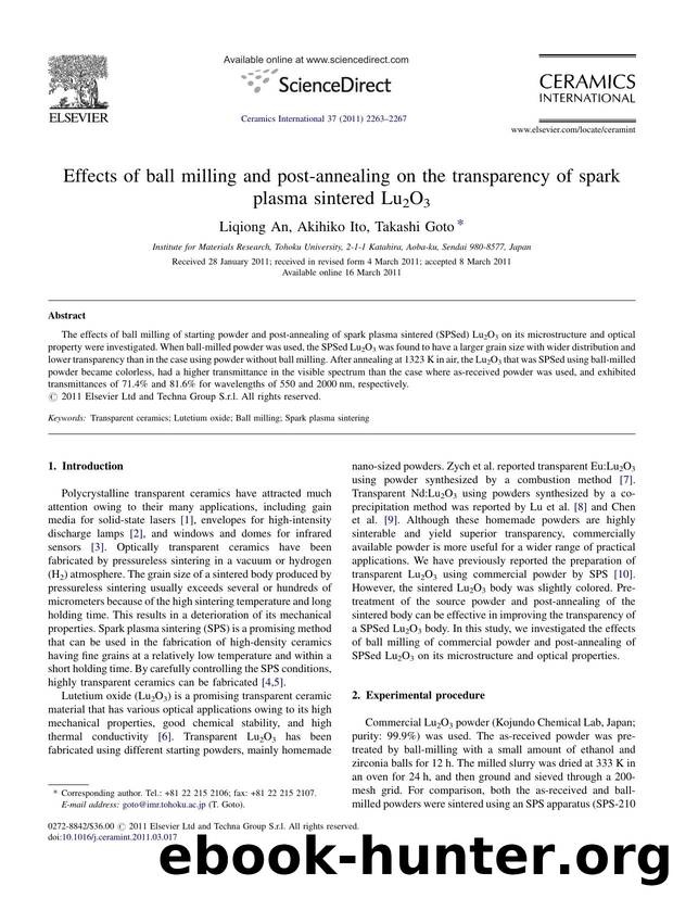 Effects of ball milling and post-annealing on the transparency of spark plasma sintered Lu2O3 by Liqiong An