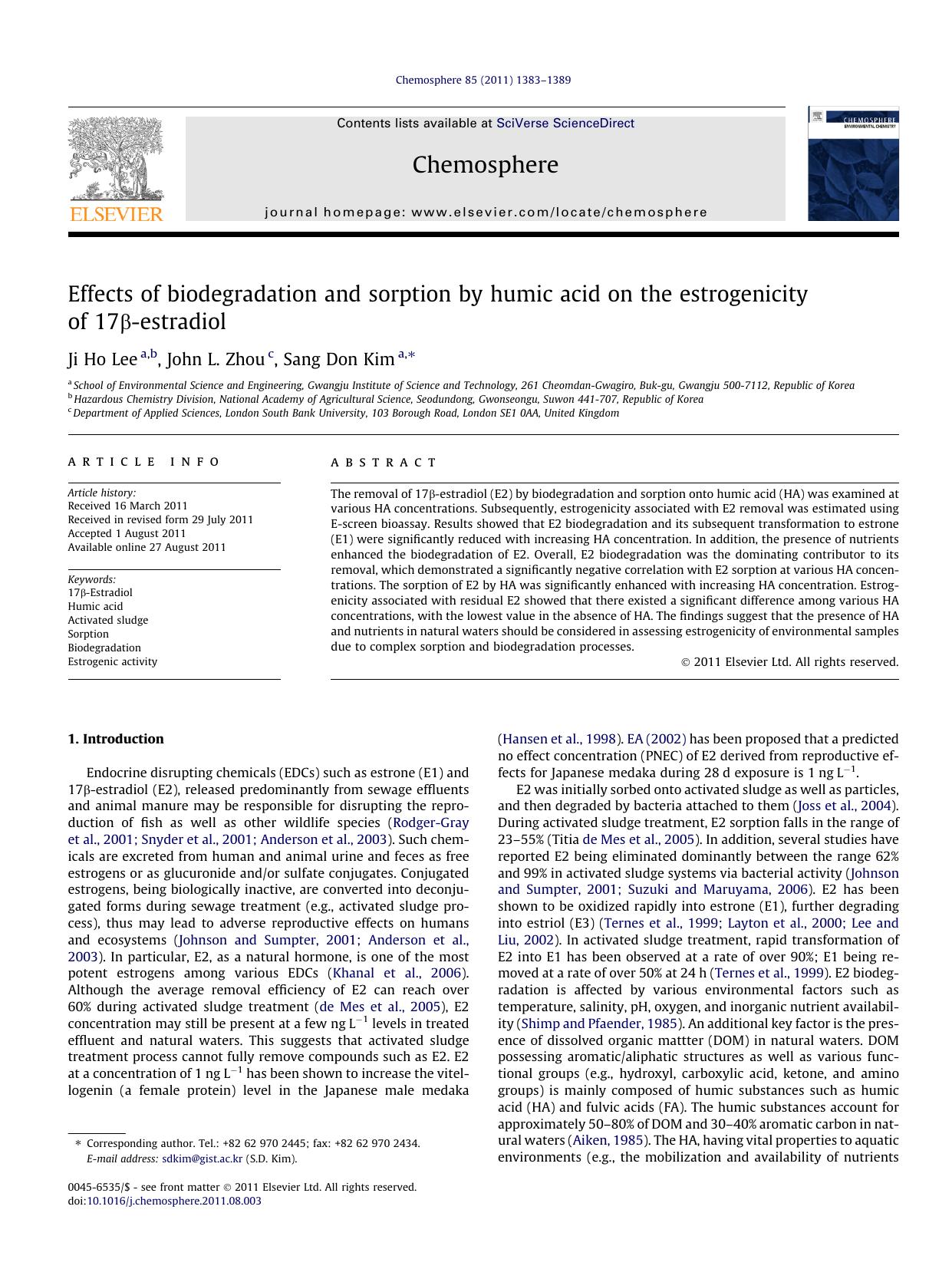 Effects of biodegradation and sorption by humic acid on the estrogenicity of 17ÃÂ²-estradiol by Ji Ho Lee & John L. Zhou & Sang Don Kim