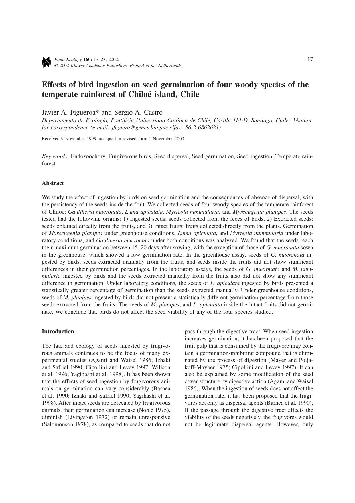 Effects of bird ingestion on seed germination of four woody species of the temperate rainforest of Chiloé island, Chile by Unknown