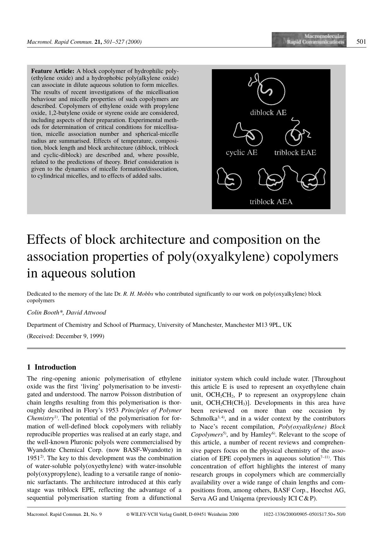 Effects of block architecture and composition on the association properties of poly(oxyalkylene) copolymers in aqueous solution by Unknown