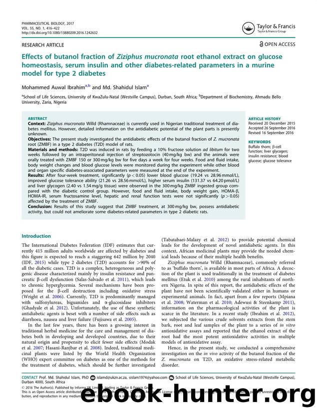 Effects of butanol fraction of Ziziphus mucronata root ethanol extract on glucose homeostasis, serum insulin and other diabetes-related parameters in a murine model for type 2 diabetes by Ibrahim Mohammed Auwal & Islam Md. Shahidul
