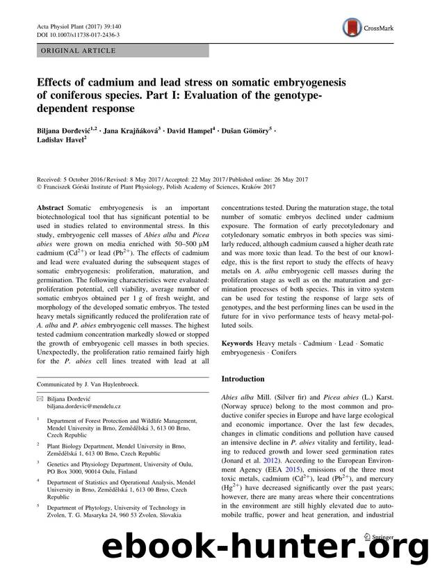 Effects of cadmium and lead stress on somatic embryogenesis of coniferous species. Part I: Evaluation of the genotype-dependent response by Biljana Đorđević & Jana Krajňáková & David Hampel & Dušan Gömöry & Ladislav Havel
