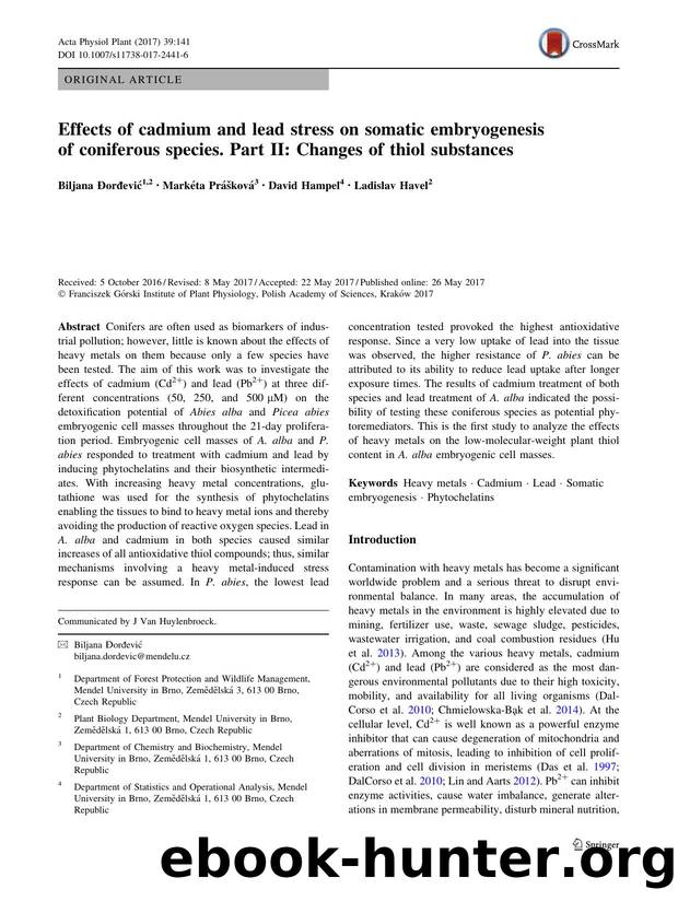 Effects of cadmium and lead stress on somatic embryogenesis of coniferous species. Part II: Changes of thiol substances by Biljana Đorđević & Markéta Prášková & David Hampel & Ladislav Havel