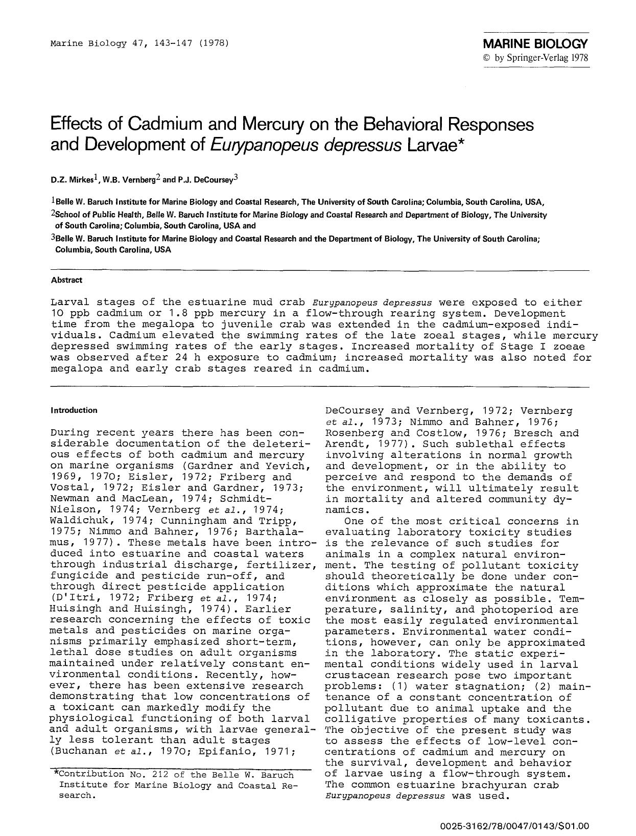 Effects of cadmium and mercury on the behavioral responses and development of <Emphasis Type="Italic">Eurypanopeus depressus<Emphasis> larvae by Unknown