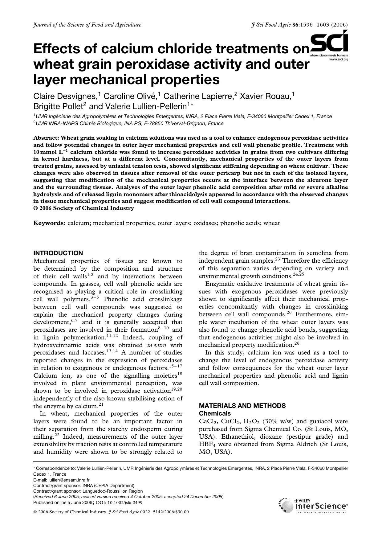 Effects of calcium chloride treatments on wheat grain peroxidase activity and outer layer mechanical properties by Unknown