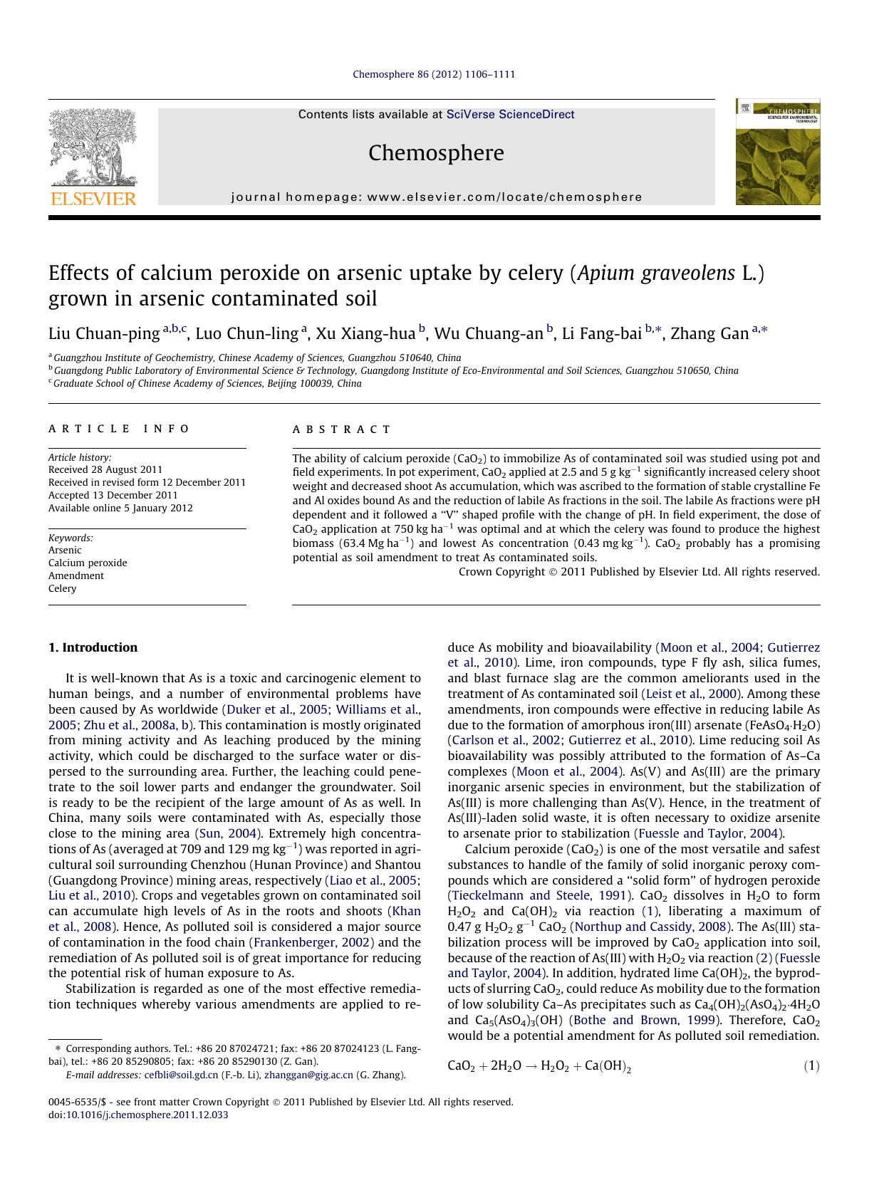 Effects of calcium peroxide on arsenic uptake by celery (Apium graveolens L.) grown in arsenic contaminated soil by Chuan-ping Liu & Chun-ling Luo & Xiang-hua Xu & Chuang-an Wu & Fang-bai Li & Gan Zhang