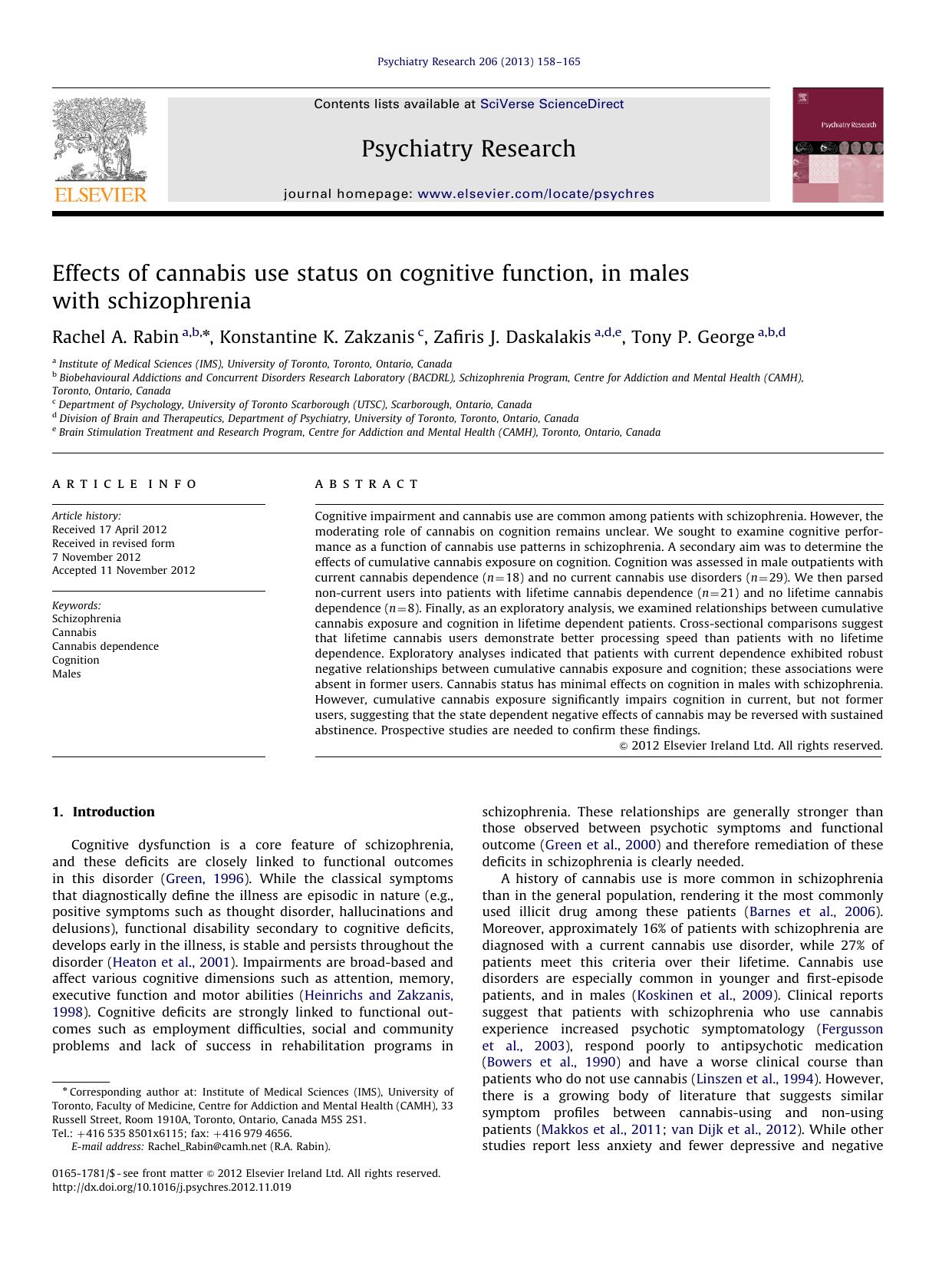 Effects of cannabis use status on cognitive function, in males with schizophrenia by Rachel A. Rabin & Konstantine K. Zakzanis & Zafiris J. Daskalakis & Tony P. George