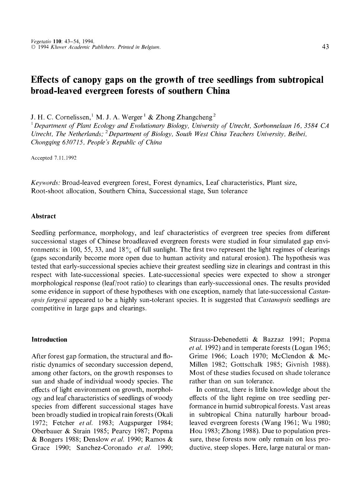 Effects of canopy gaps on the growth of tree seedlings from subtropical broad-leaved evergreen forests of southern China by Unknown