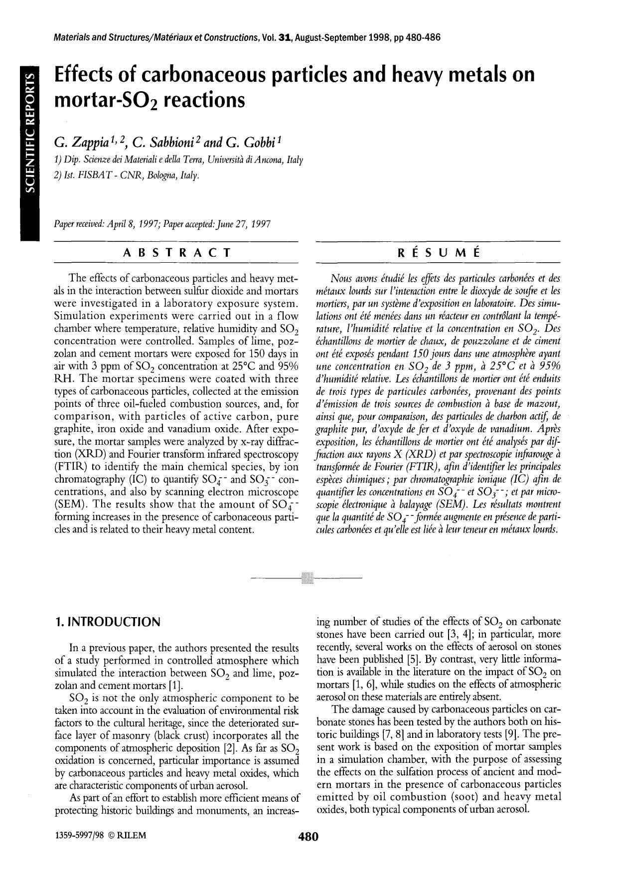 Effects of carbonaceous particles and heavy metals on mortar-SO <Subscript>2 <Subscript> reactions by Unknown