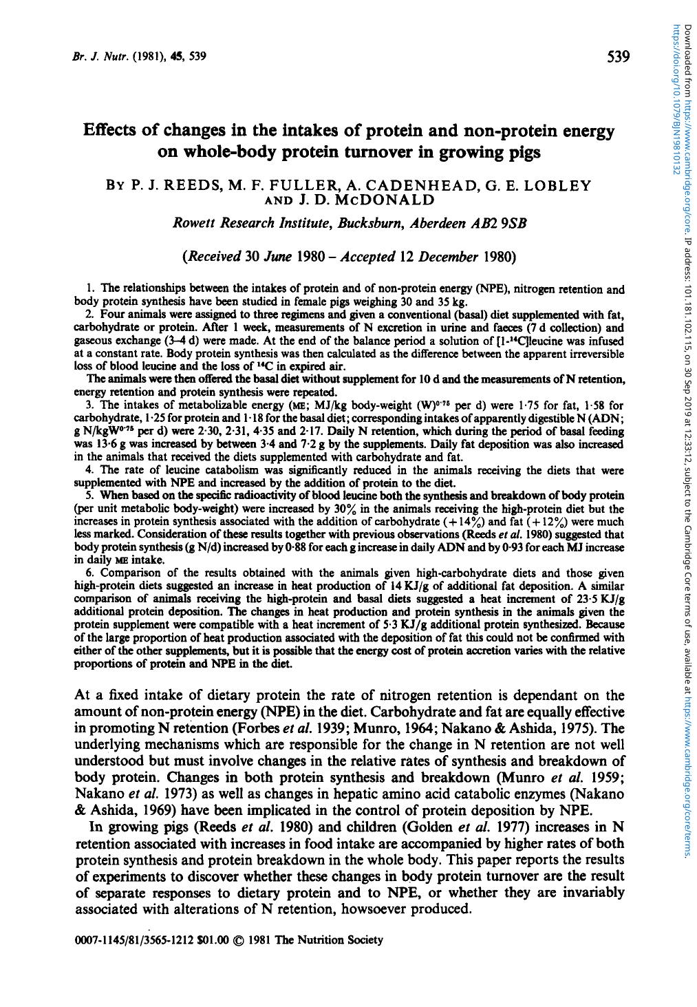 Effects of changes in the intakes of protein and non-protein energy on whole-body protein turnover in growing pigs by P. J. Reeds M. F. Fuller A. Cadenhead G. E. Lobley & J. D. McDonald