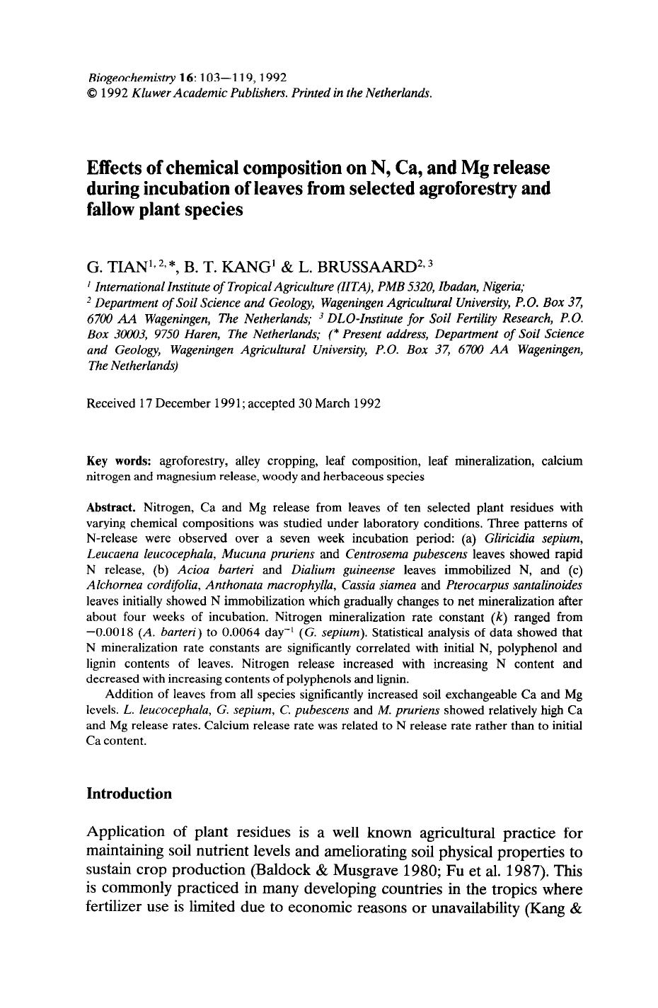 Effects of chemical composition on N, Ca, and Mg release during incubation of leaves from selected agroforestry and fallow plant species by Unknown