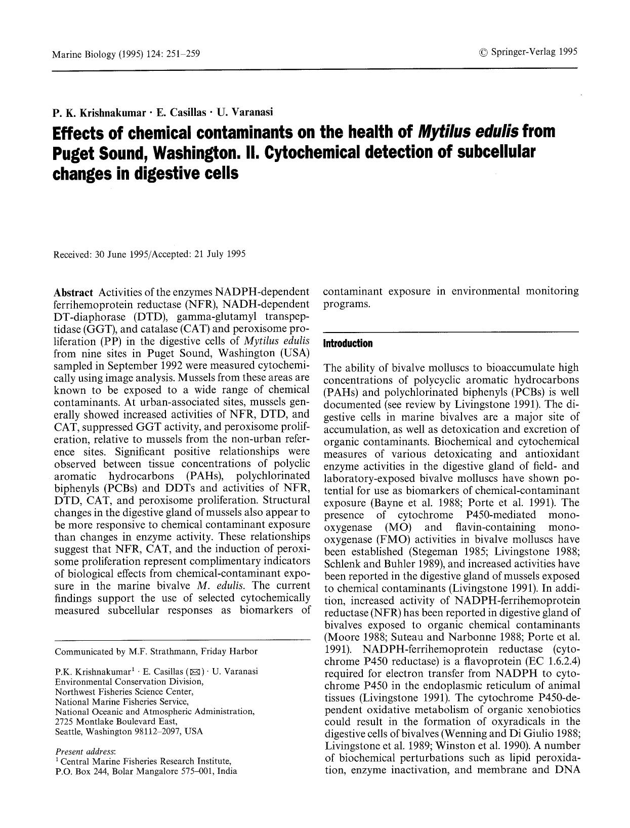 Effects of chemical contaminants on the health of <Emphasis Type="Italic">Mytilus edulis<Emphasis> from Puget Sound, Washington. II. Cytochemical detection of subcellular changes in digestive cells by Unknown