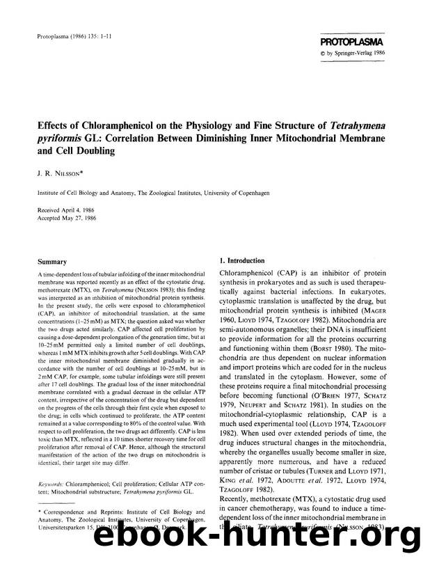Effects of chloramphenicol on the physiology and fine structure of <Emphasis Type="Italic">Tetrahymena pyriformis <Emphasis> GL: Correlation between diminishing inner mitochondrial by Unknown
