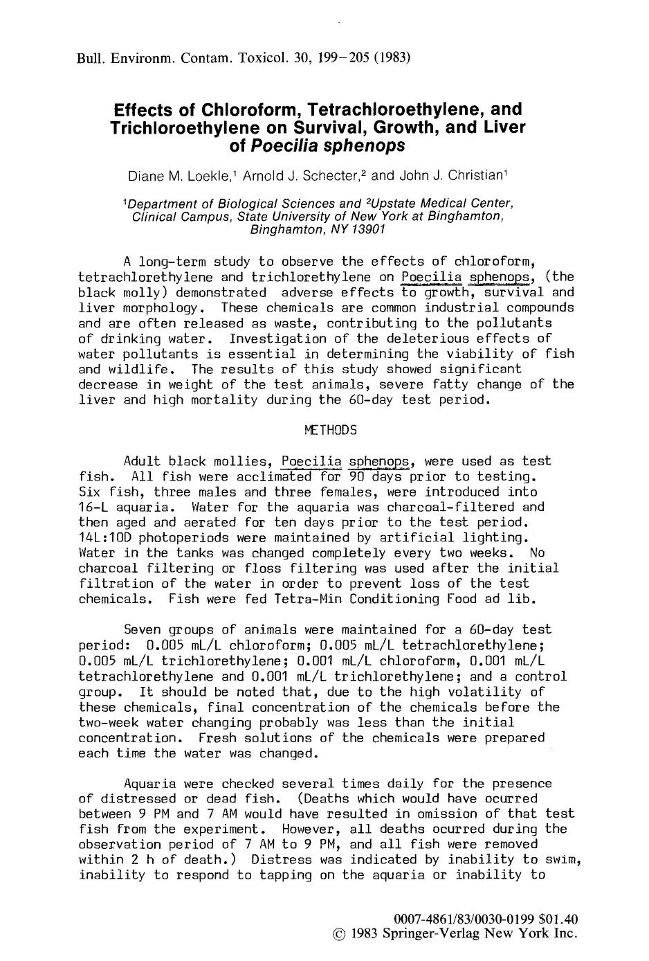 Effects of chloroform, tetrachloroethylene, and trichloroethylene on survival, growth, and liver of <Emphasis Type="Italic">Poecilia sphenops <Emphasis> by Unknown