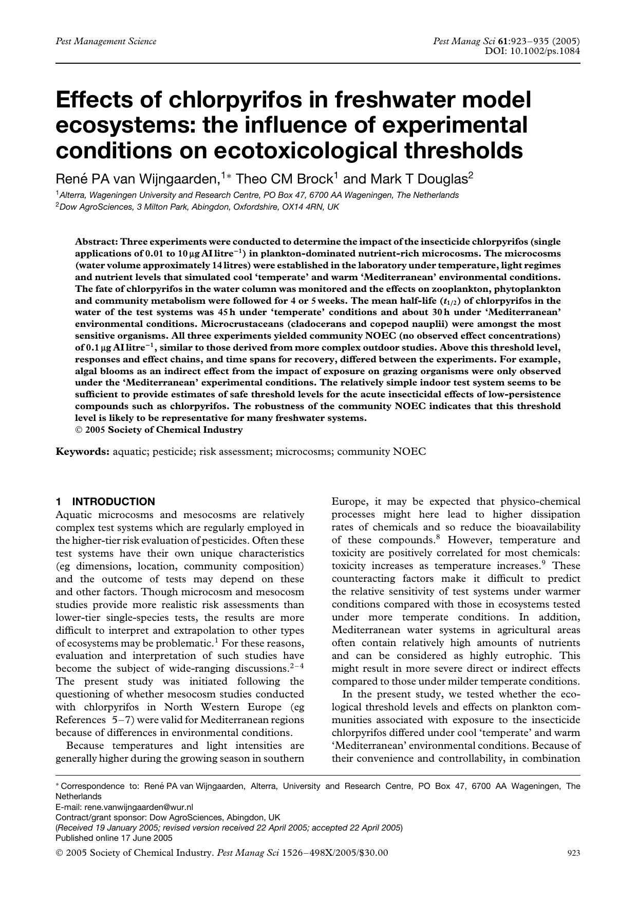 Effects of chlorpyrifos in freshwater model ecosystems: the influence of experimental conditions on ecotoxicological thresholds by Unknown