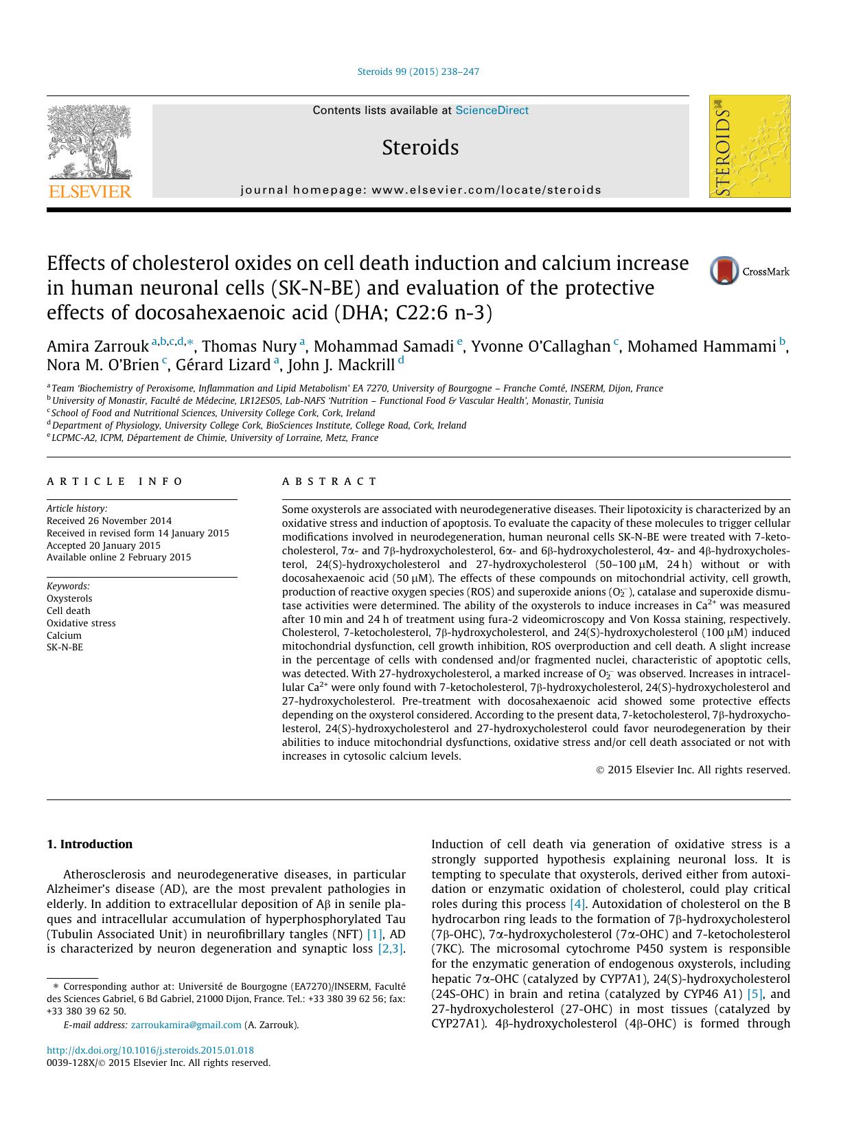 Effects of cholesterol oxides on cell death induction and calcium increase in human neuronal cells (SK-N-BE) and evaluation of the protective effects of docosahexaenoic acid (DHA; C22:6 n-3) by unknow