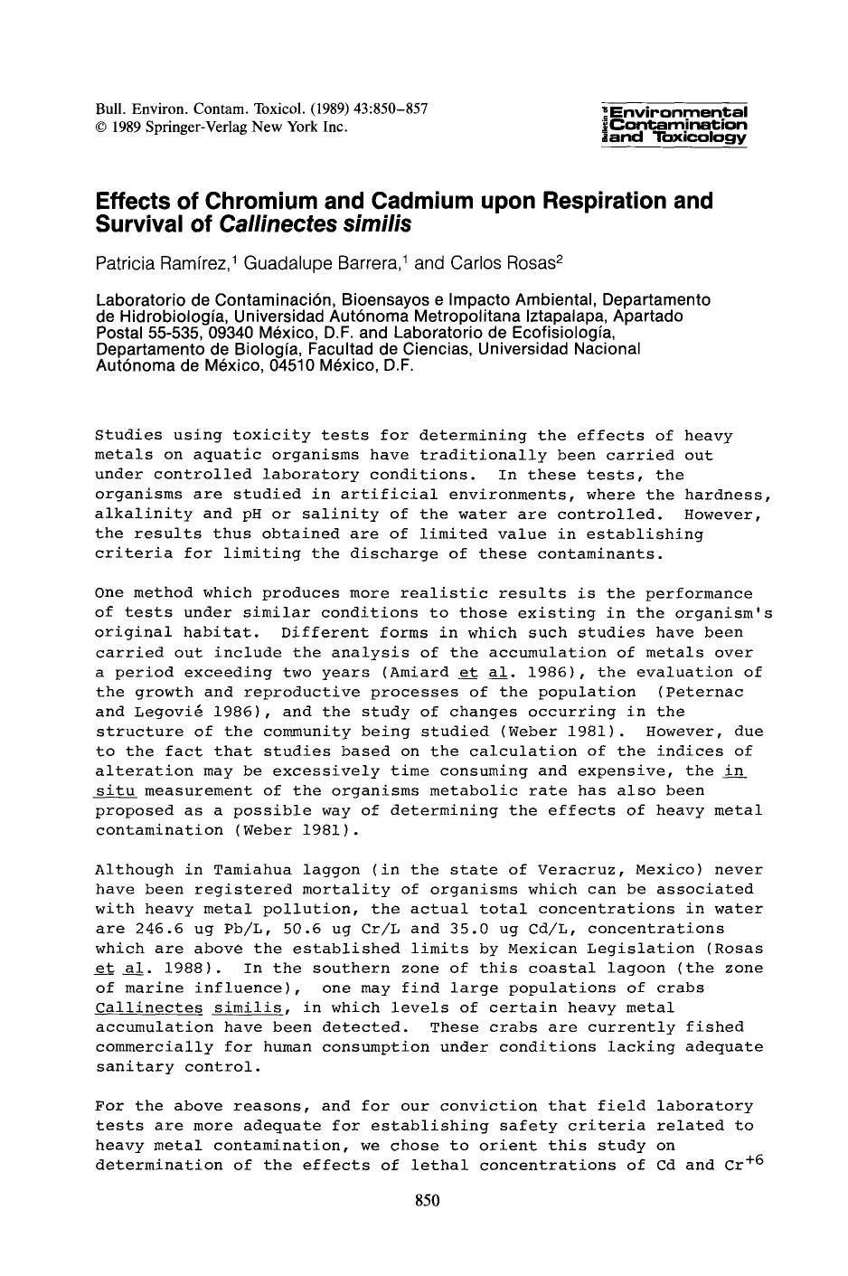 Effects of chromium and cadmium upon respiration and survival of <Emphasis Type="Italic">Callinectes similis <Emphasis> by Unknown