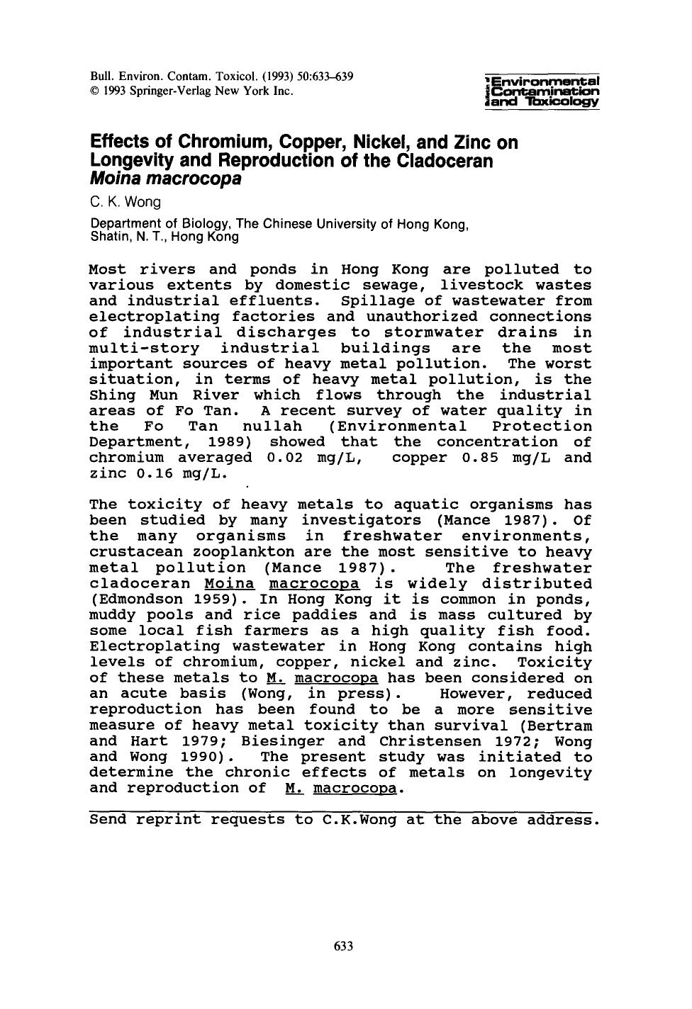 Effects of chromium, copper, nickel, and zinc on longevity and reproduction of the cladoceran <Emphasis Type="Italic">Moina macrocopa<Emphasis> by Unknown