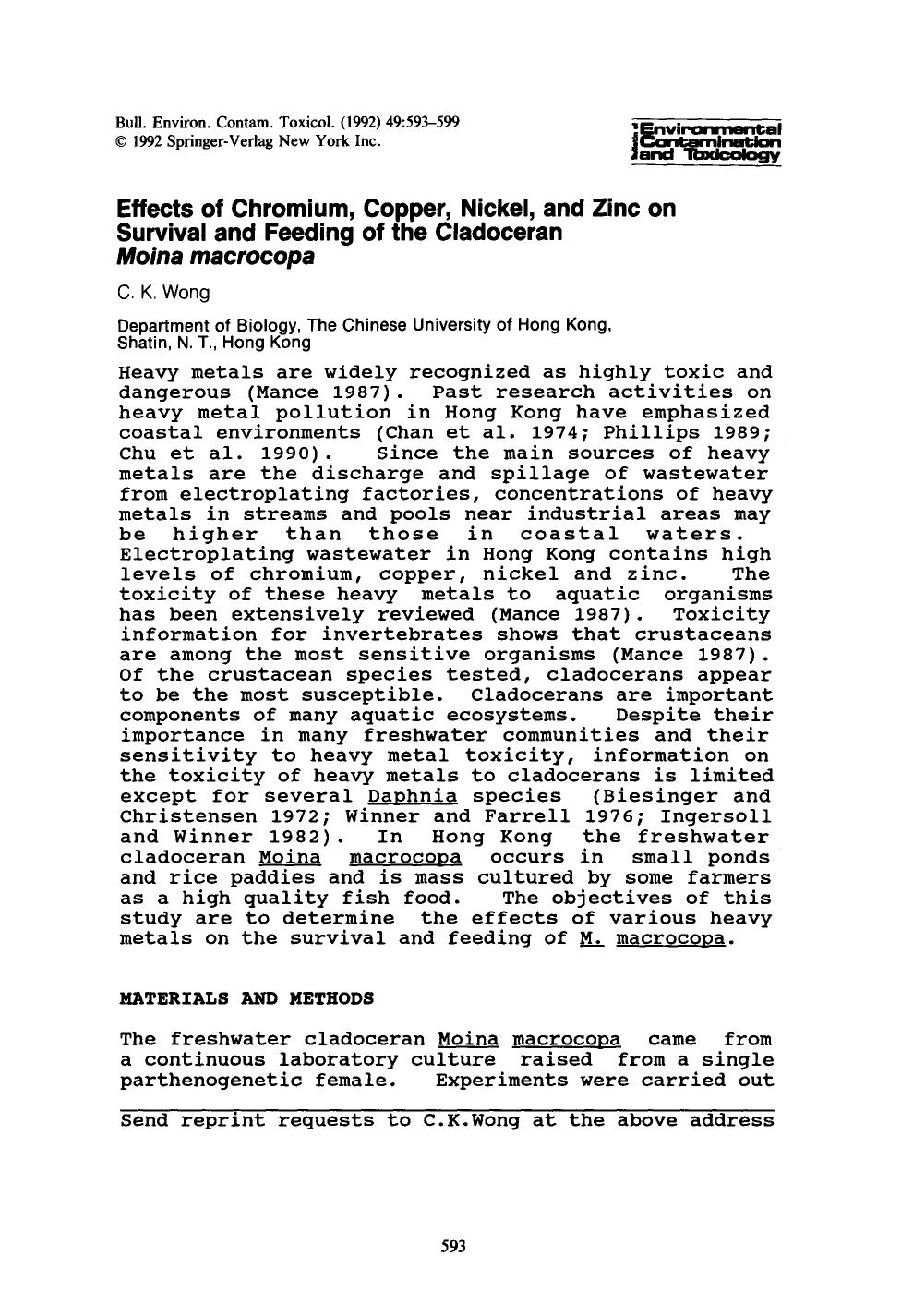 Effects of chromium, copper, nickel, and zinc on survival and feeding of the cladoceran <Emphasis Type="Italic">Moina macrocopa<Emphasis> by Unknown