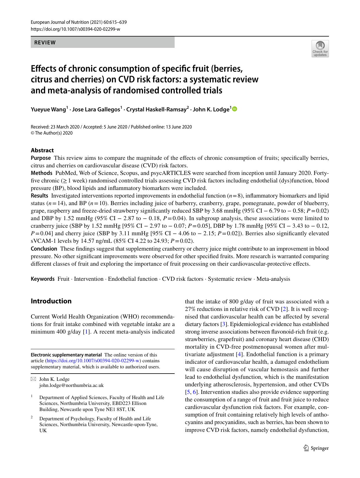 Effects of chronic consumption of specific fruit (berries, citrus and cherries) on CVD risk factors: a systematic review and meta-analysis of randomised controlled trials by Yueyue Wang & Jose Lara Gallegos & Crystal Haskell-Ramsay & John K. Lodge