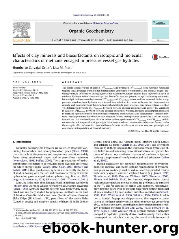 Effects of clay minerals and biosurfactants on isotopic and molecular characteristics of methane encaged in pressure vessel gas hydrates by Humberto Carvajal-Ortiz & Lisa M. Pratt