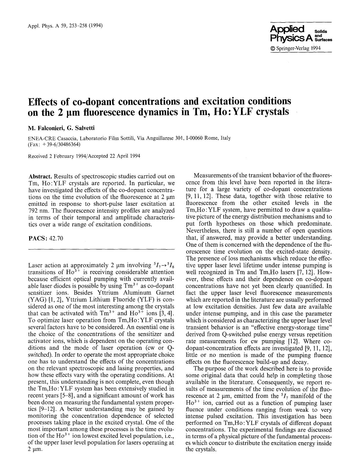 Effects of co-dopant concentrations and excitation conditions on the 2 μm fluorescence dynamics in Tm, Ho:YLF crystals by Unknown