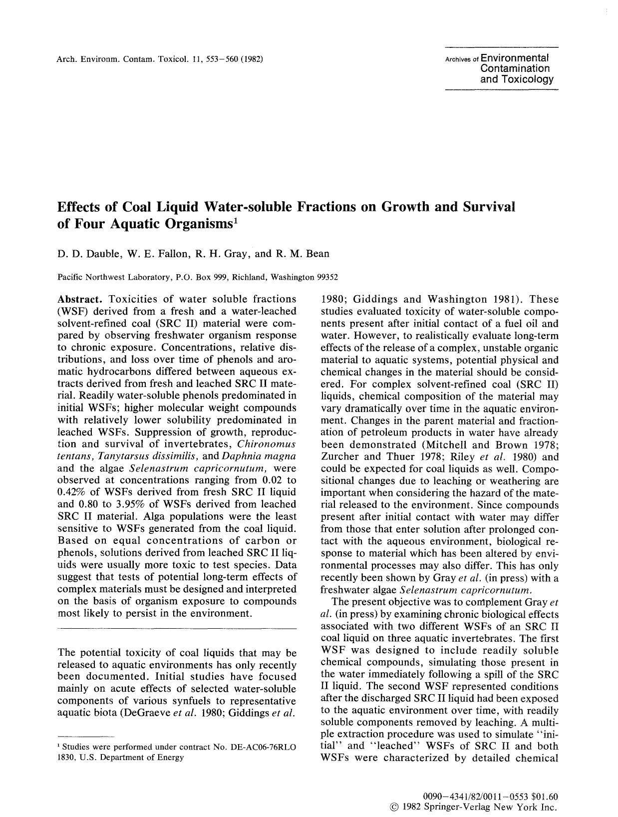 Effects of coal liquid water-soluble fractions on growth and survival of four aquatic organisms by Unknown