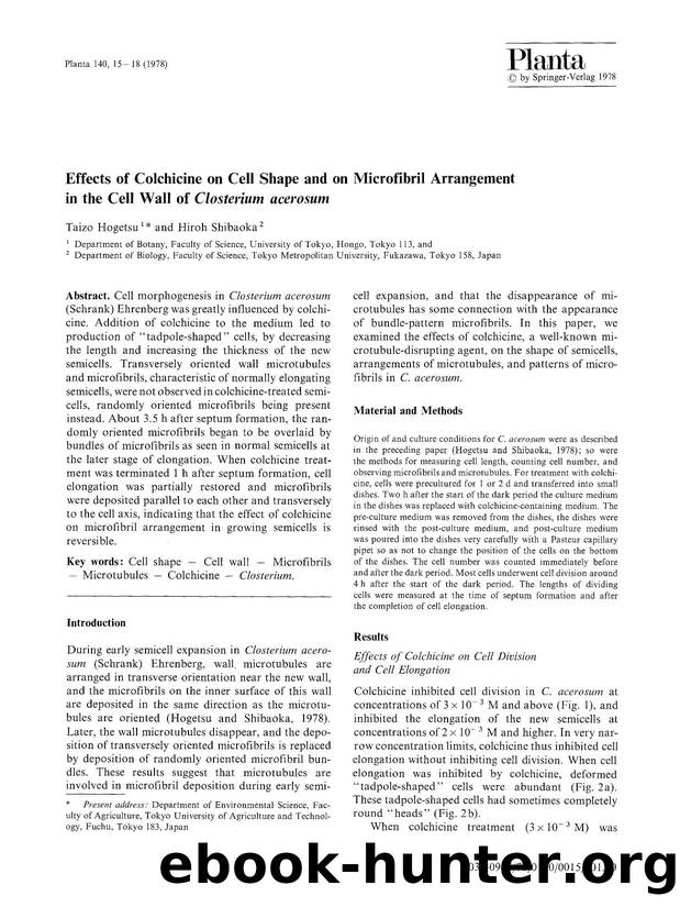 Effects of colchicine on cell shape and on microfibril arrangement in the cell wall of <Emphasis Type="Italic">Closterium acerosum<Emphasis> by Unknown