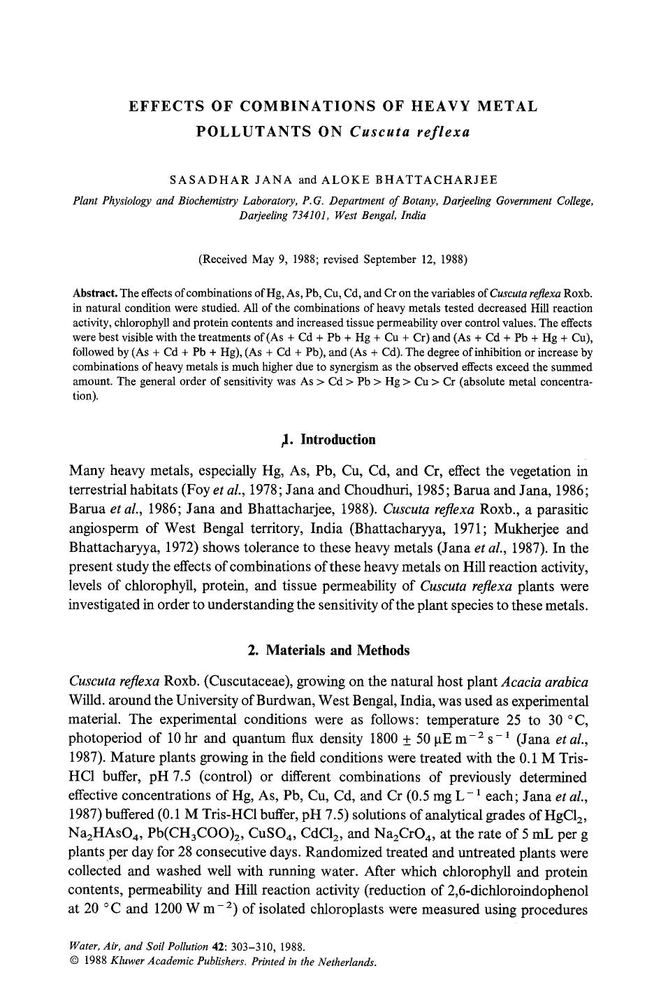 Effects of combinations of heavy metal pollutants on <Emphasis Type="Italic">Cuscuta reflexa<Emphasis> by Unknown