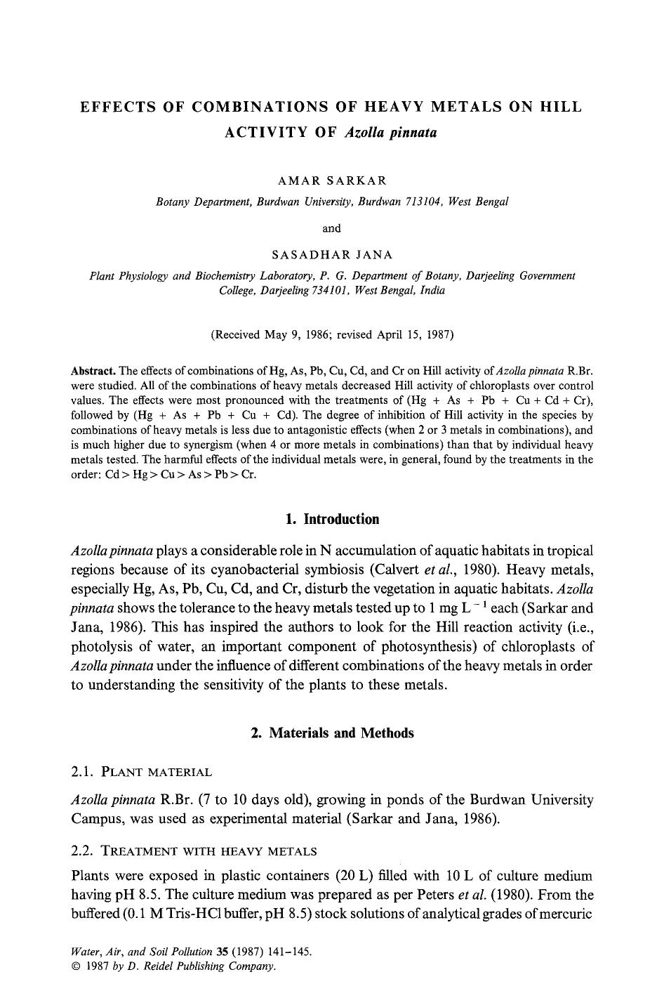 Effects of combinations of heavy metals on hill activity of <Emphasis Type="Italic">Azolla pinnata<Emphasis> by Unknown