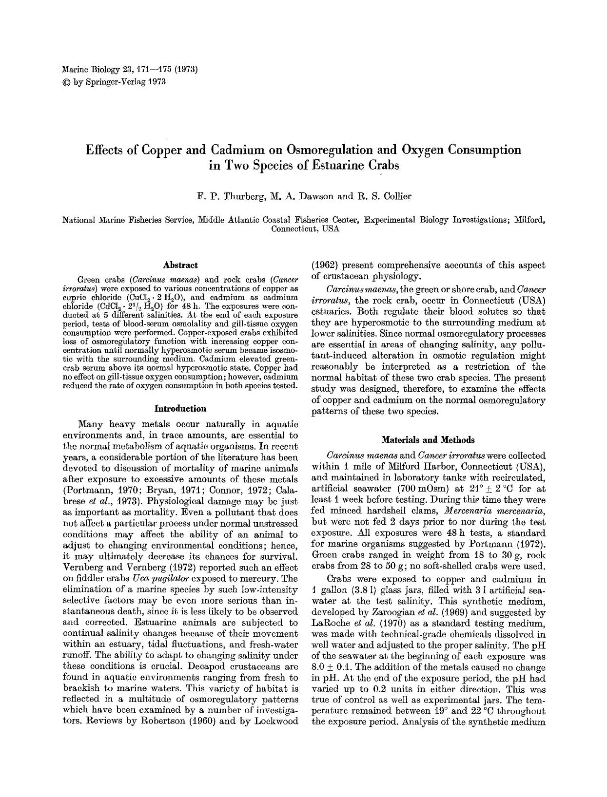 Effects of copper and cadmium on osmoregulation and oxygen consumption in two species of estuarine crabs by Unknown