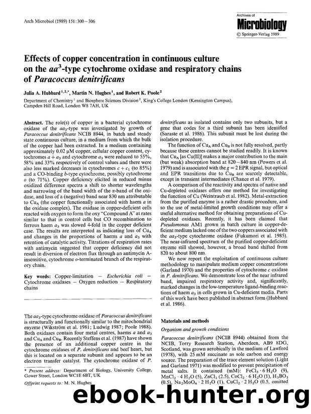 Effects of copper concentration in continuous culture on the <Emphasis Type="Italic">aa<Emphasis> <Superscript>3<Superscript>-type cytochrome oxidase and respiratory chains of <Emp by Unknown