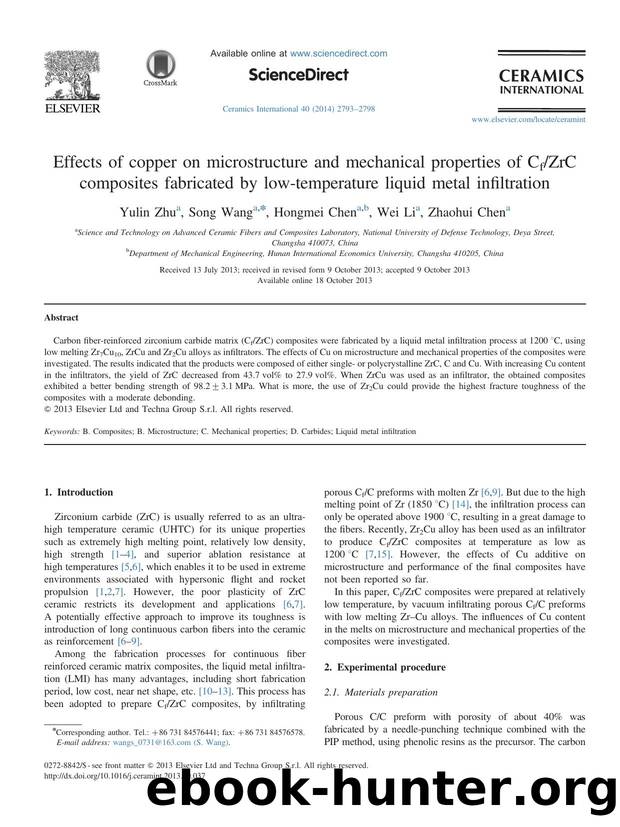 Effects of copper on microstructure and mechanical properties of CfZrC composites fabricated by low-temperature liquid metal infiltration by Yulin Zhu & Song Wang & Hongmei Chen & Wei Li & Zhaohui Chen