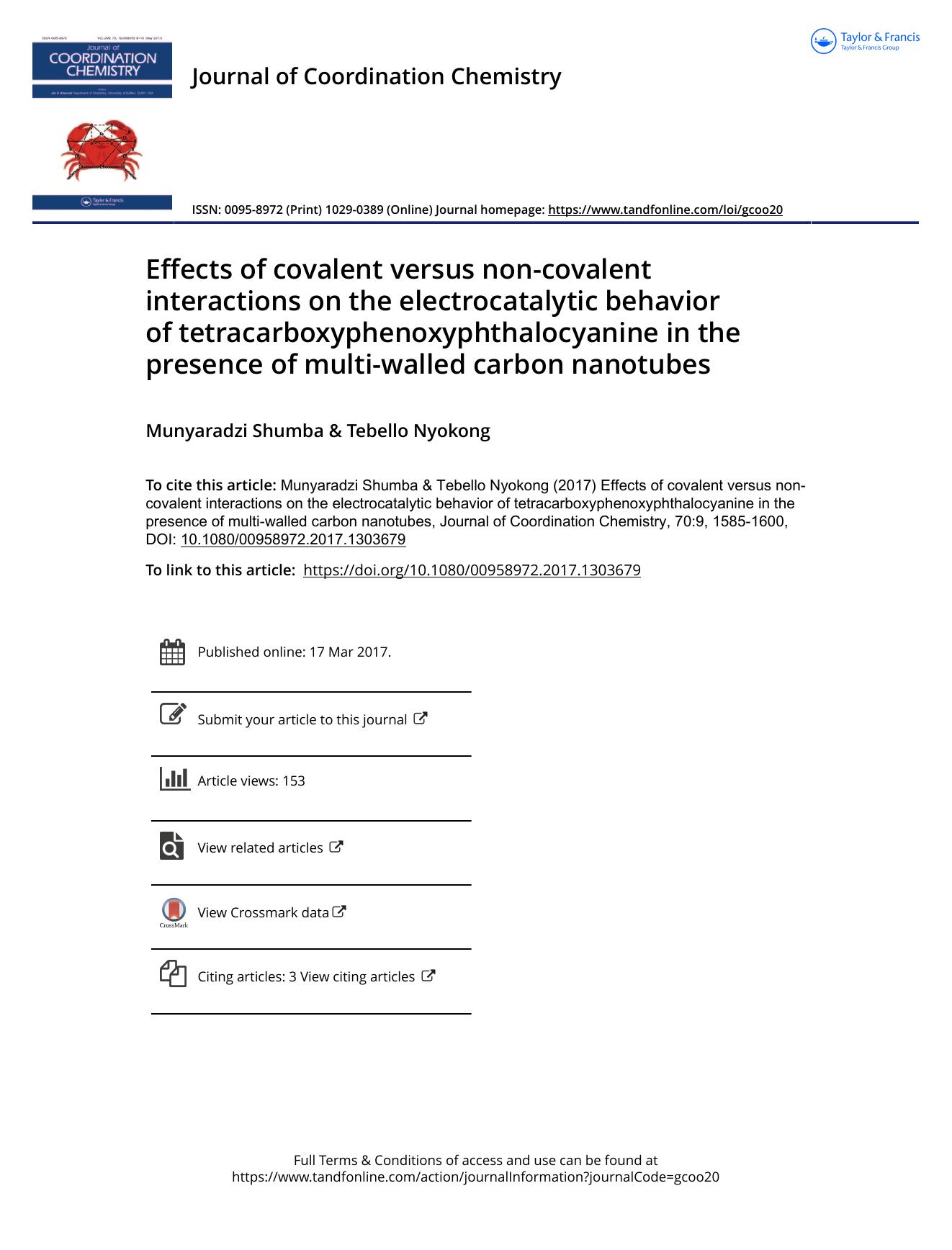 Effects of covalent versus non-covalent interactions on the electrocatalytic behavior of tetracarboxyphenoxyphthalocyanine in the presence of multi-walled carbon nanotubes by Munyaradzi Shumba & Tebello Nyokong
