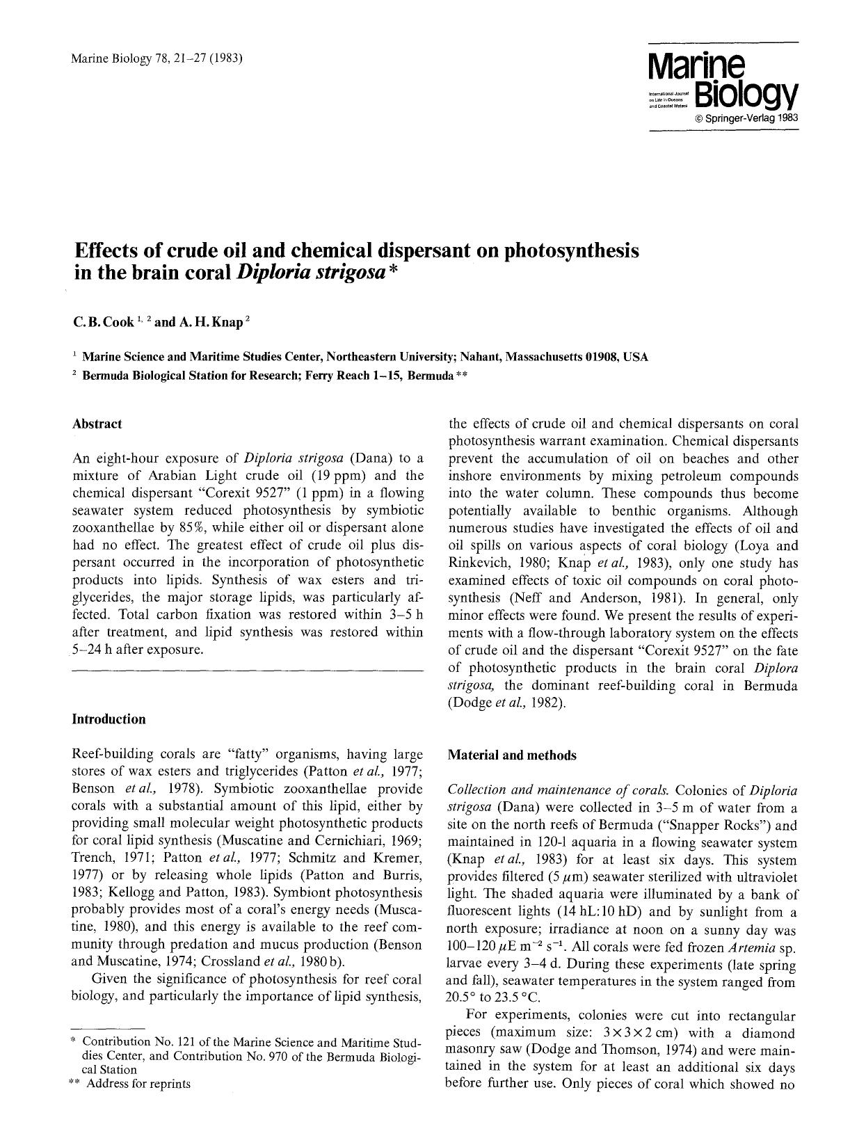Effects of crude oil and chemical dispersant on photosynthesis in the brain coral <Emphasis Type="Italic">Diploria strigosa<Emphasis> by Unknown