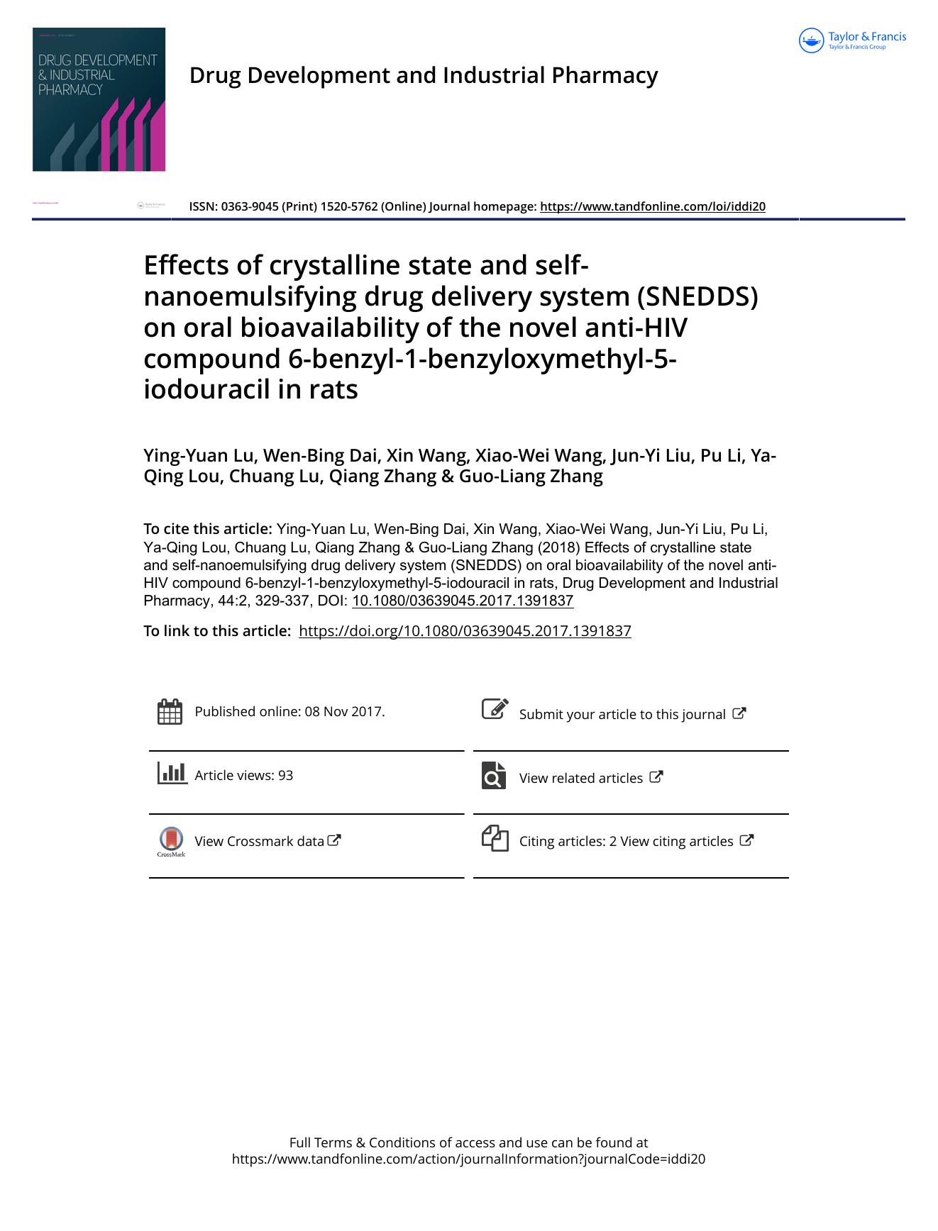Effects of crystalline state and self-nanoemulsifying drug delivery system (SNEDDS) on oral bioavailability of the novel anti-HIV compound 6-benzyl-1-benzyloxymethyl-5-iodouracil in rats by unknow