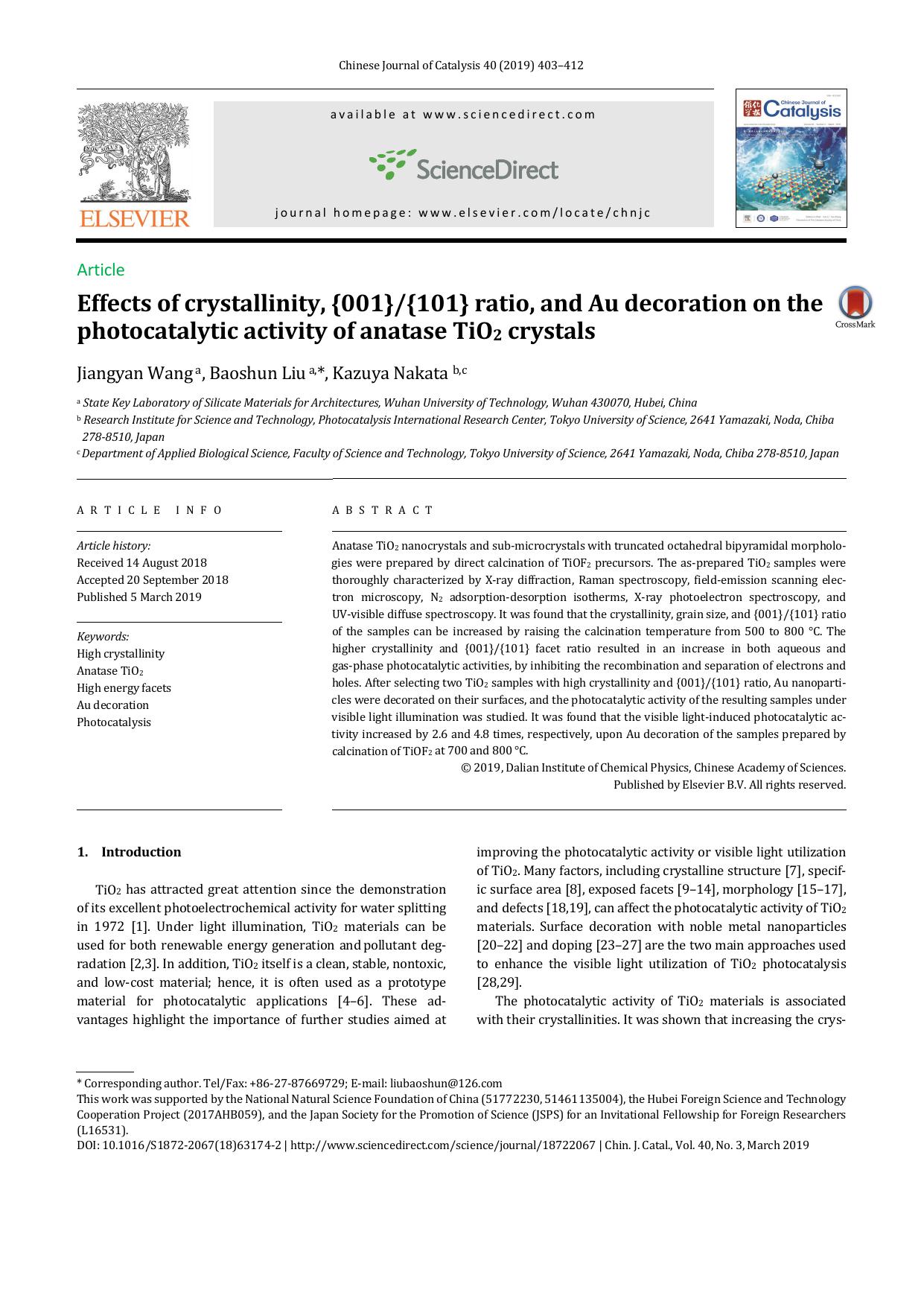 Effects of crystallinity, {001}{101} ratio, and Au decoration on the photocatalytic activity of anatase TiO2 crystals by Jiangyan Wang & Baoshun Liu & Kazuya Nakata